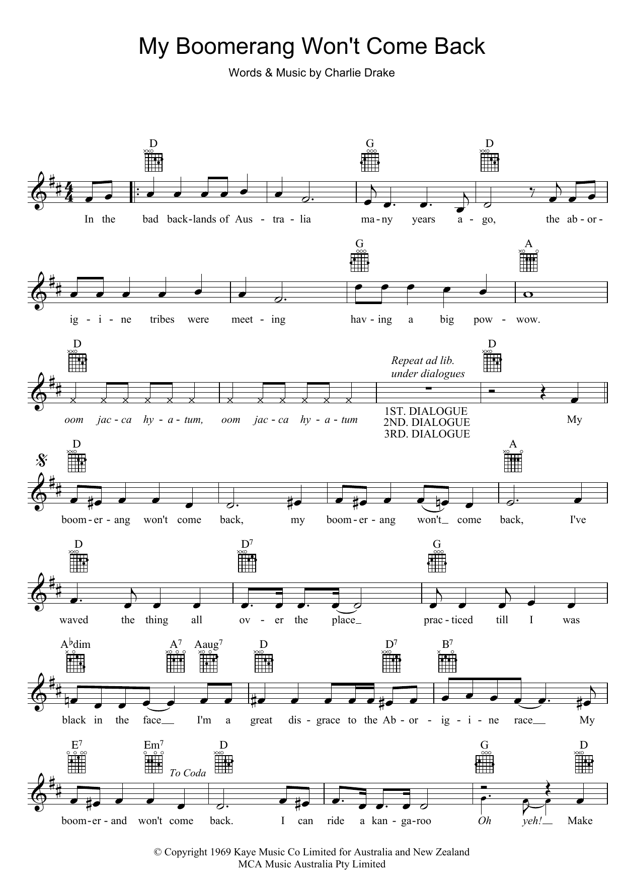 Charlie Drake My Boomerang Won't Come Back Sheet Music Notes & Chords for Melody Line, Lyrics & Chords - Download or Print PDF