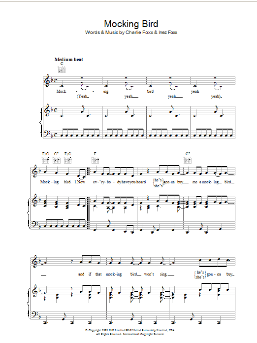 Charlie Foxx Mocking Bird Sheet Music Notes & Chords for Piano, Vocal & Guitar (Right-Hand Melody) - Download or Print PDF