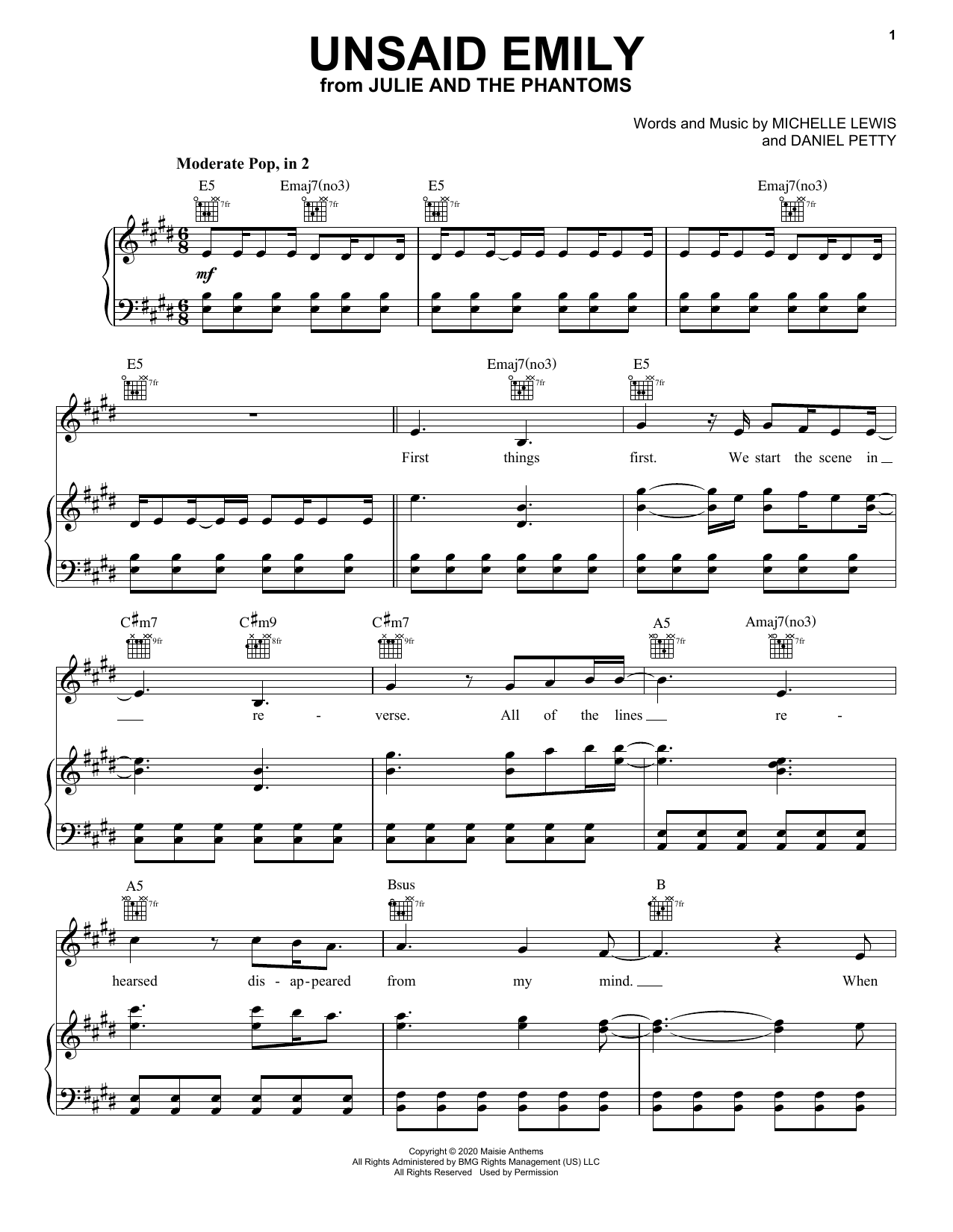 Charlie Gillespie Unsaid Emily (from Julie and the Phantoms) Sheet Music Notes & Chords for Piano, Vocal & Guitar (Right-Hand Melody) - Download or Print PDF