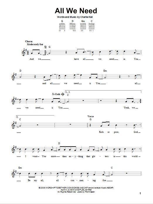 Charlie Hall All We Need Sheet Music Notes & Chords for Easy Guitar - Download or Print PDF