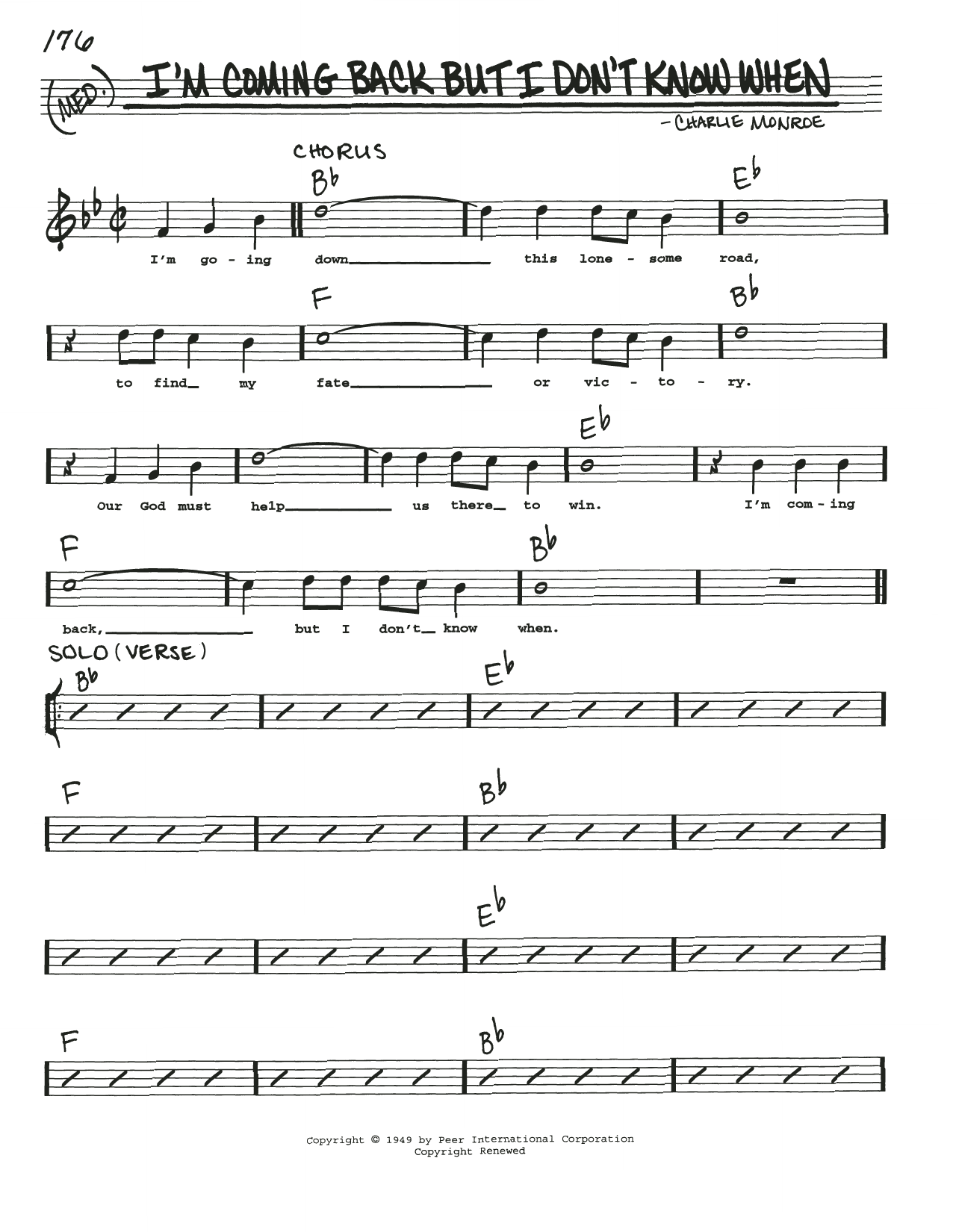 Charlie Monroe I'm Coming Back But I Don't Know When Sheet Music Notes & Chords for Real Book – Melody, Lyrics & Chords - Download or Print PDF