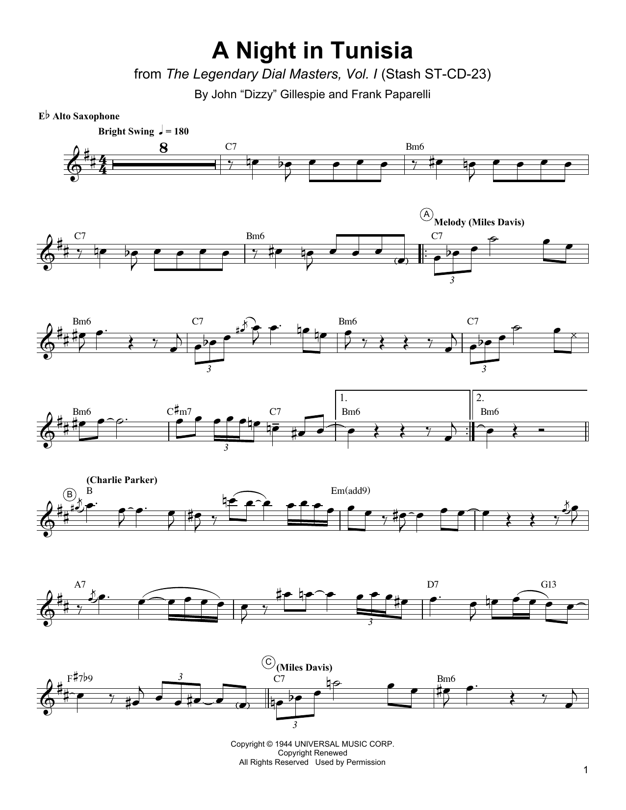 Charlie Parker A Night In Tunisia Sheet Music Notes & Chords for Alto Sax Transcription - Download or Print PDF