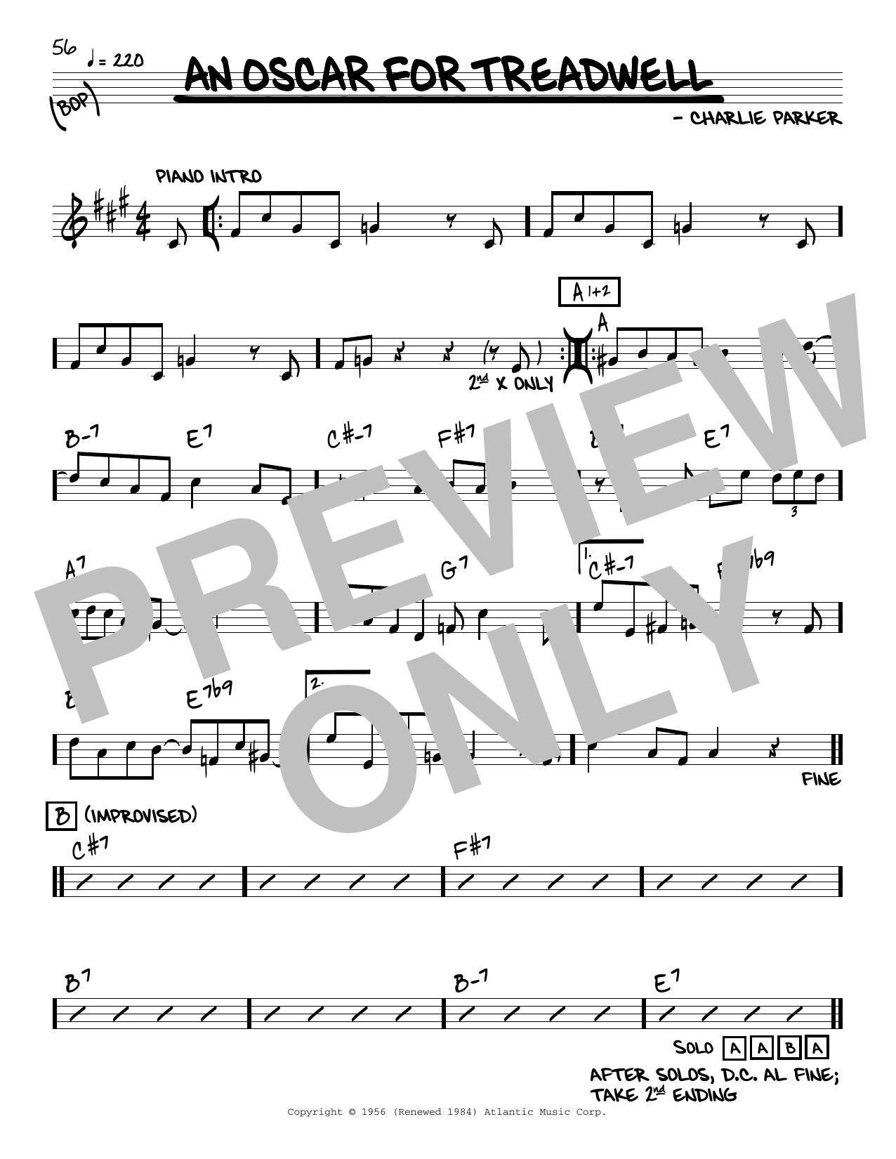 Charlie Parker An Oscar For Treadwell Sheet Music Notes & Chords for Real Book – Melody & Chords - Download or Print PDF