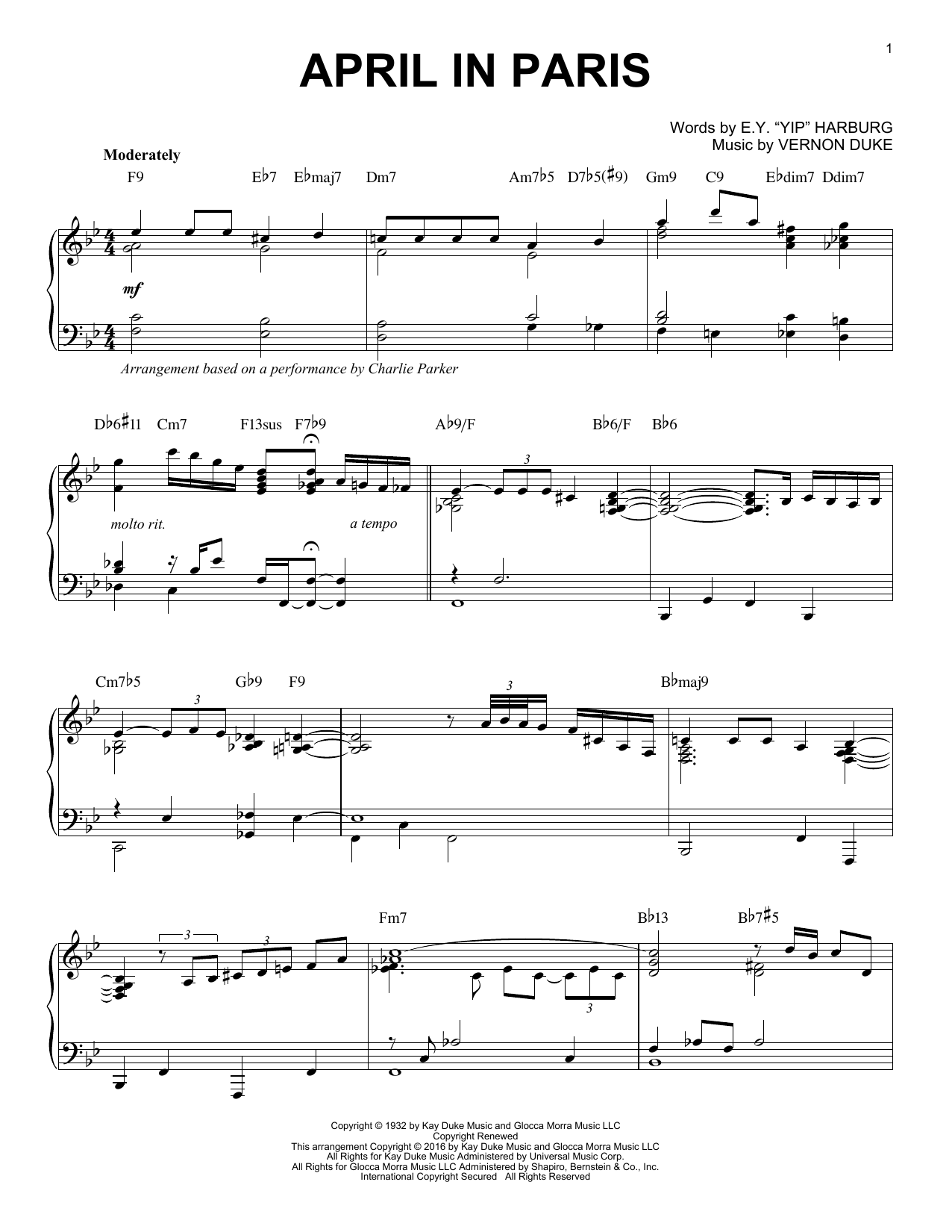 Charlie Parker April In Paris (arr. Brent Edstrom) Sheet Music Notes & Chords for Piano - Download or Print PDF