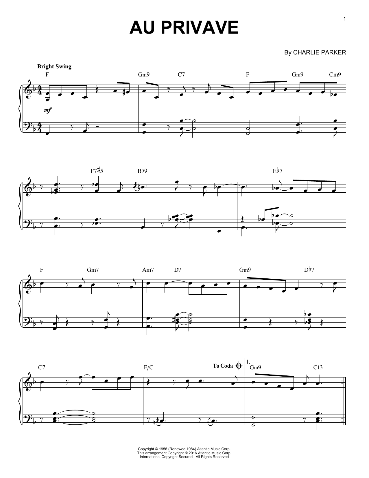 Charlie Parker Au Privave (arr. Brent Edstrom) Sheet Music Notes & Chords for Piano - Download or Print PDF