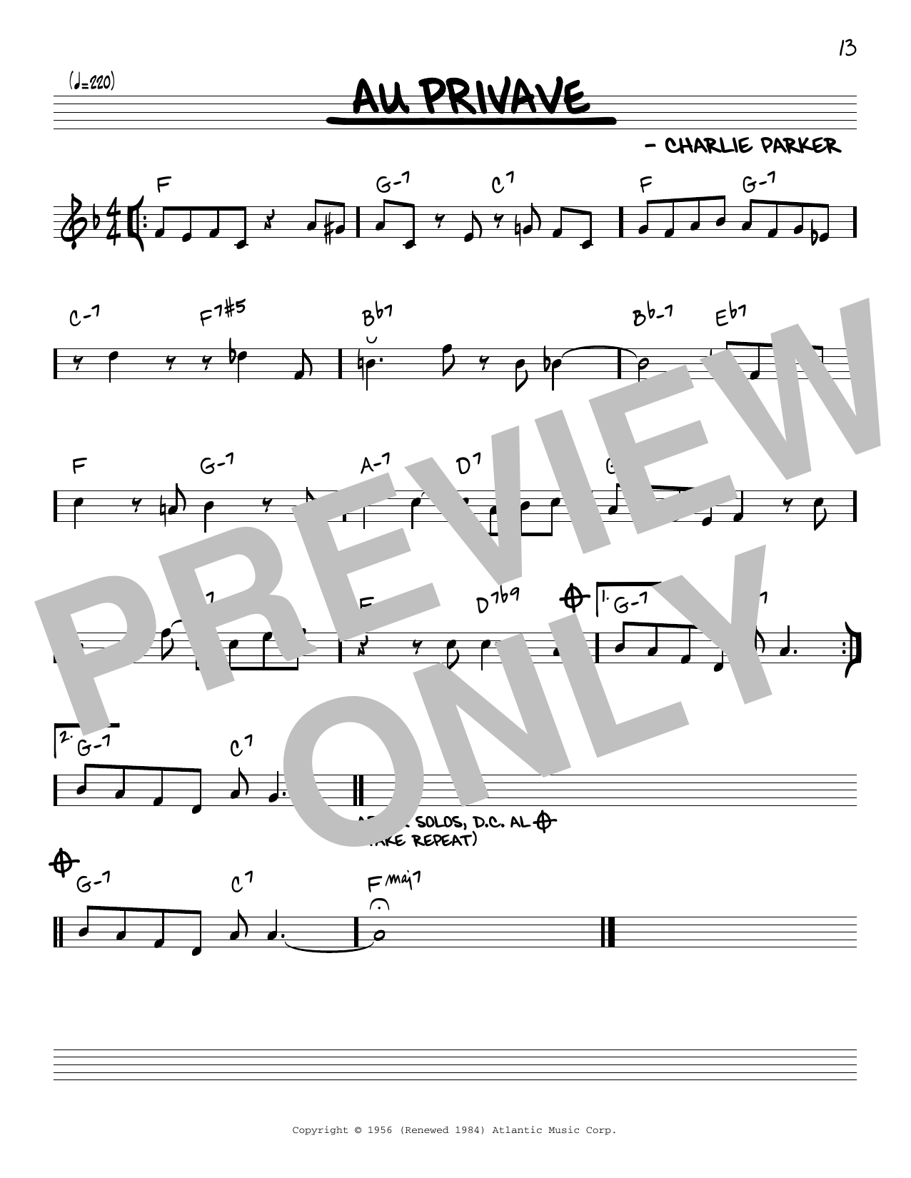 Charlie Parker Au Privave Sheet Music Notes & Chords for Piano Transcription - Download or Print PDF