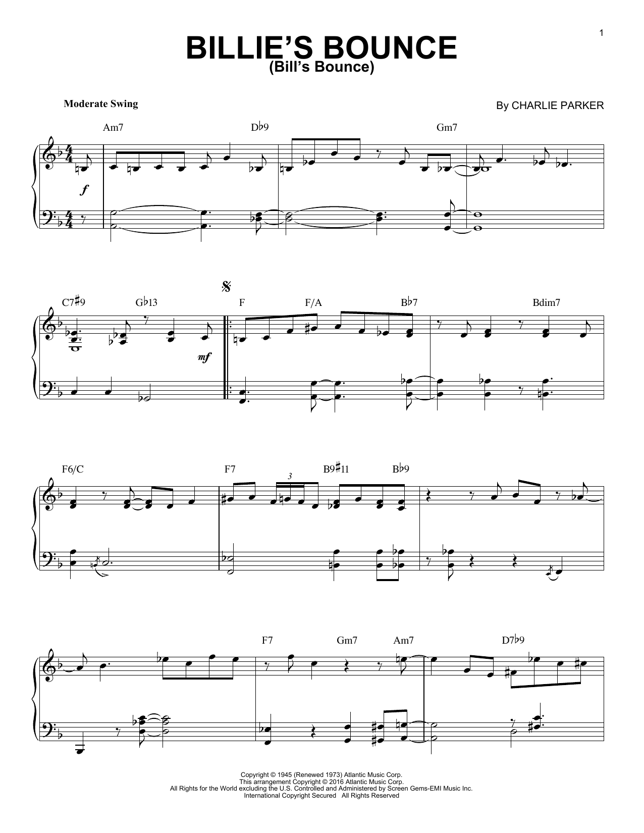 Charlie Parker Billie's Bounce (Bill's Bounce) (arr. Brent Edstrom) Sheet Music Notes & Chords for Piano - Download or Print PDF