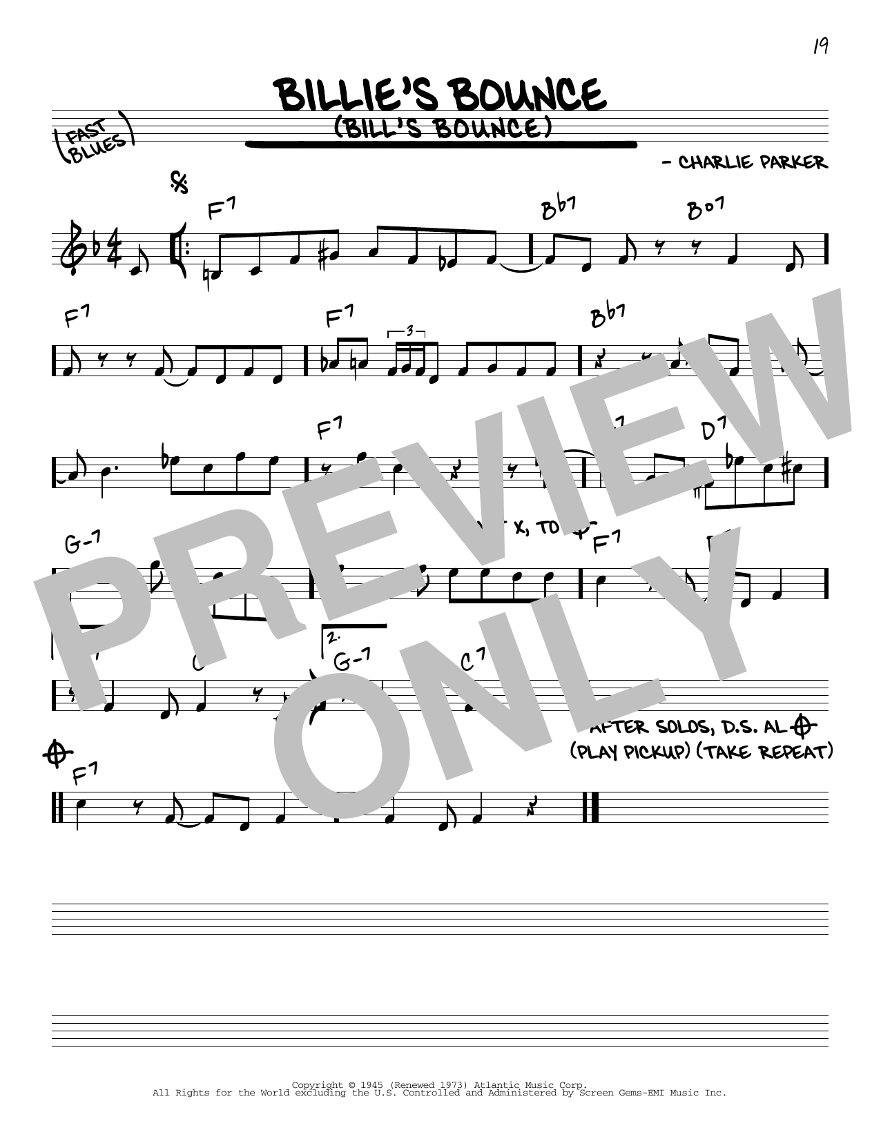 Charlie Parker Billie's Bounce (Bill's Bounce) Sheet Music Notes & Chords for Piano - Download or Print PDF