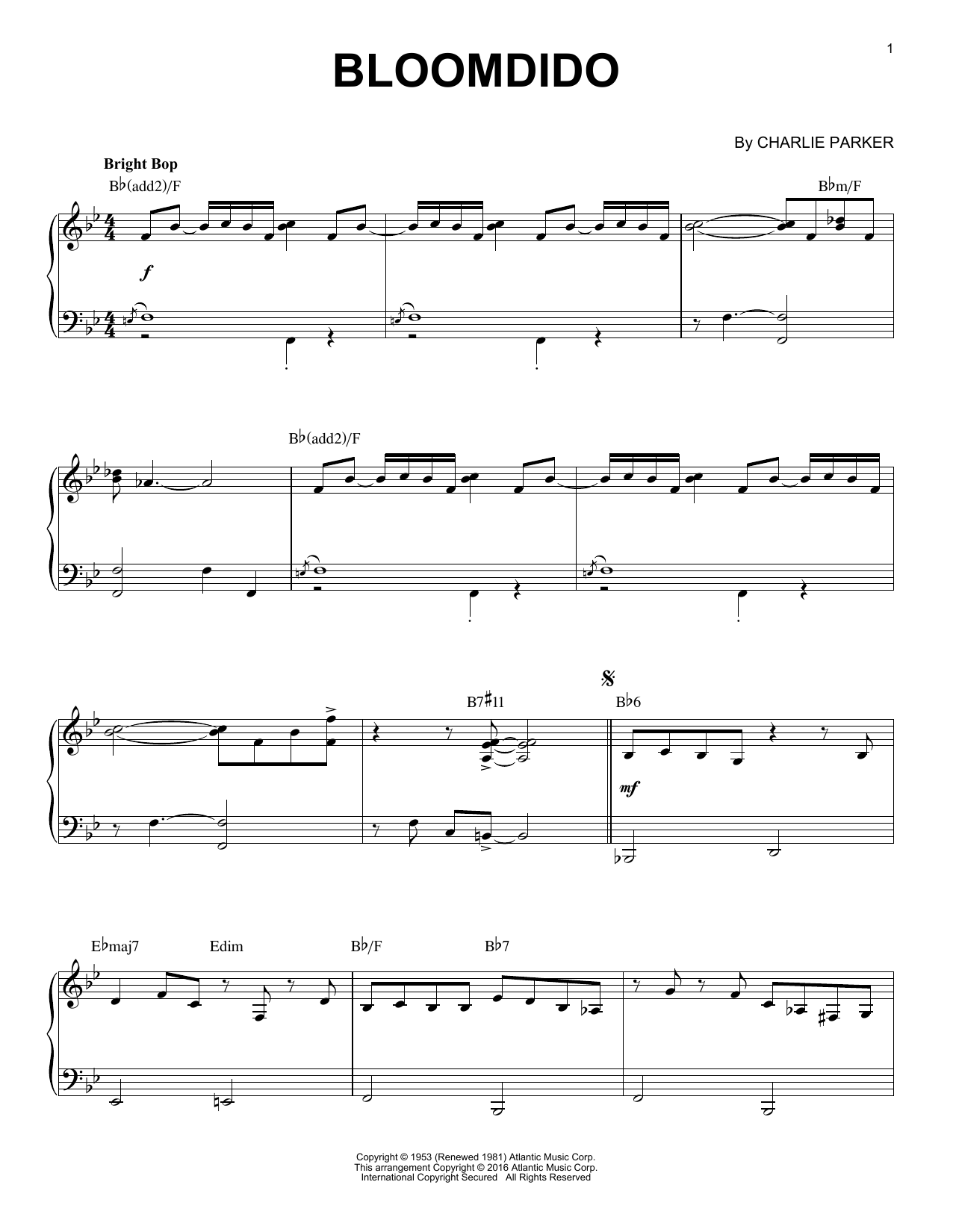 Charlie Parker Bloomdido (arr. Brent Edstrom) Sheet Music Notes & Chords for Piano - Download or Print PDF