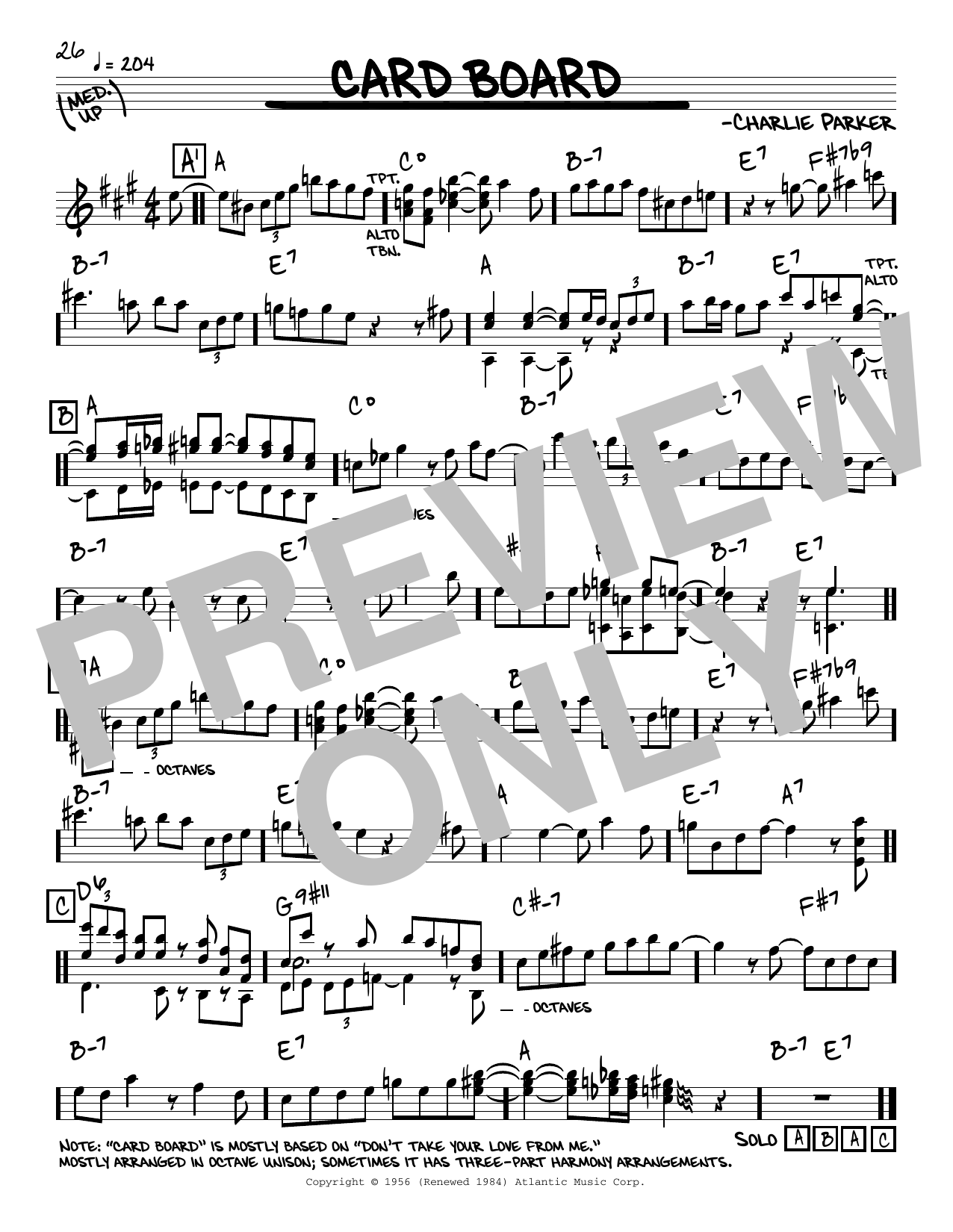 Charlie Parker Card Board Sheet Music Notes & Chords for Real Book – Melody & Chords - Download or Print PDF