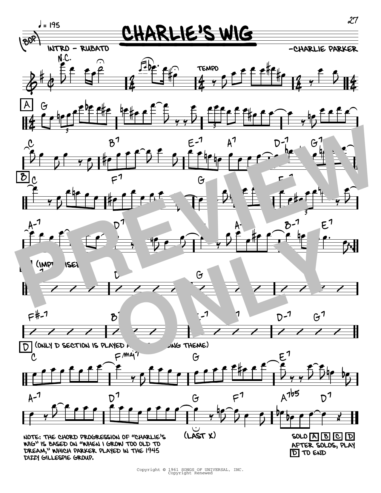 Charlie Parker Charlie's Wig Sheet Music Notes & Chords for Real Book – Melody & Chords - Download or Print PDF