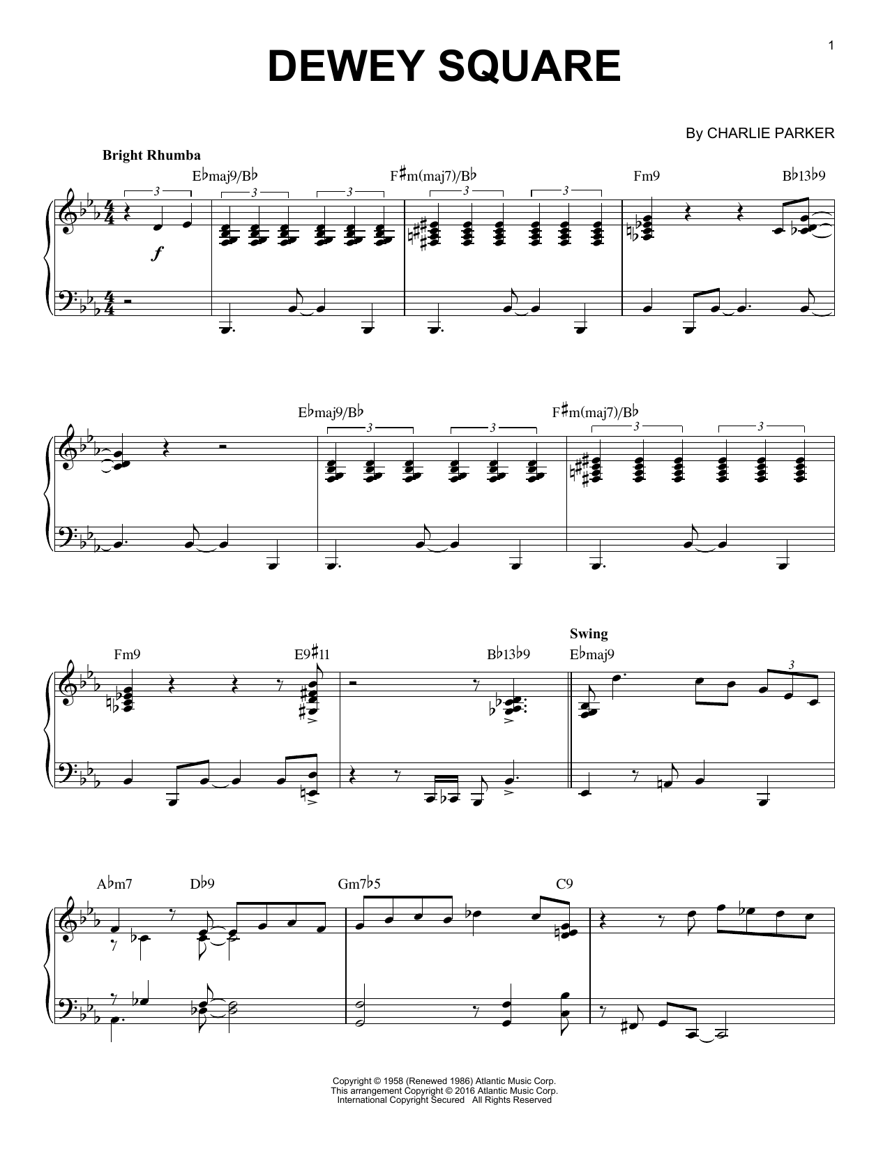 Charlie Parker Dewey Square (arr. Brent Edstrom) Sheet Music Notes & Chords for Piano - Download or Print PDF
