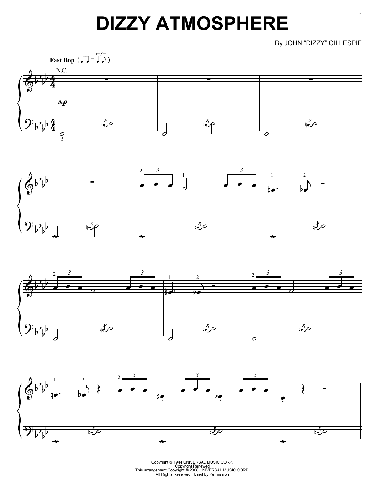 Charlie Parker Dizzy Atmosphere Sheet Music Notes & Chords for Piano - Download or Print PDF
