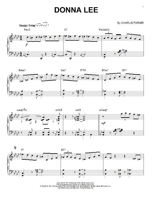 Charlie Parker Donna Lee (arr. Brent Edstrom) Sheet Music Notes & Chords for Piano - Download or Print PDF