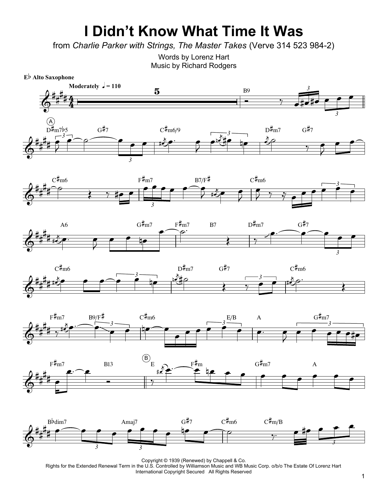 Charlie Parker I Didn't Know What Time It Was Sheet Music Notes & Chords for Alto Sax Transcription - Download or Print PDF