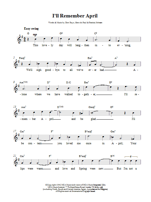 Woody Herman I'll Remember April Sheet Music Notes & Chords for Melody Line, Lyrics & Chords - Download or Print PDF