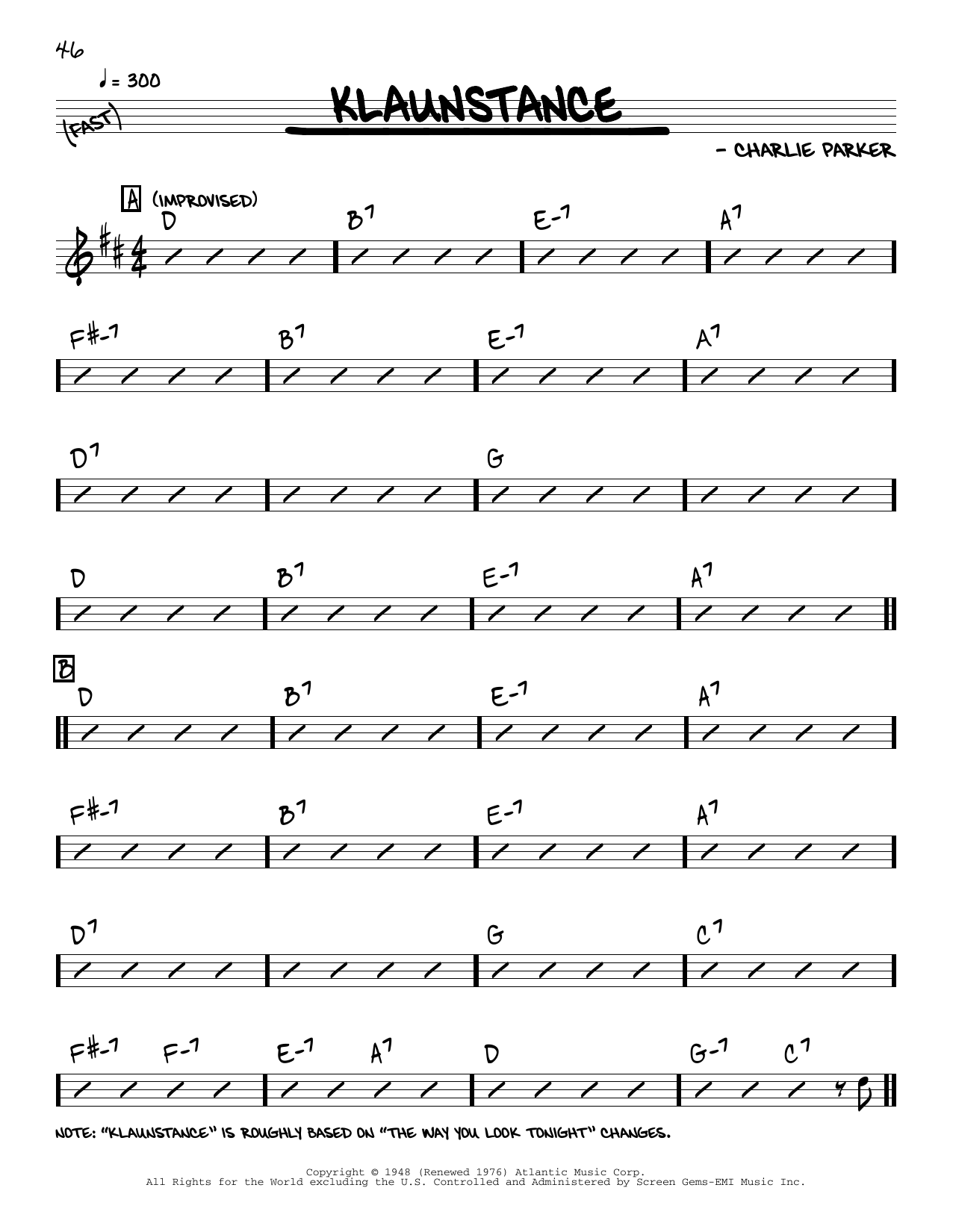Charlie Parker Klaunstance Sheet Music Notes & Chords for Real Book – Melody & Chords - Download or Print PDF
