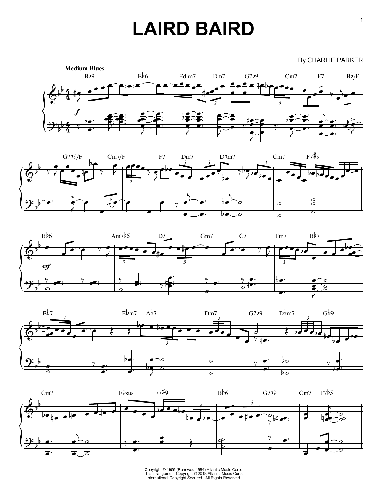 Charlie Parker Laird Baird Sheet Music Notes & Chords for Piano - Download or Print PDF