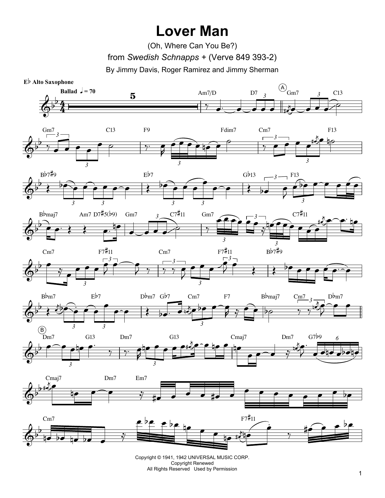 Charlie Parker Lover Man (Oh, Where Can You Be?) Sheet Music Notes & Chords for Alto Sax Transcription - Download or Print PDF