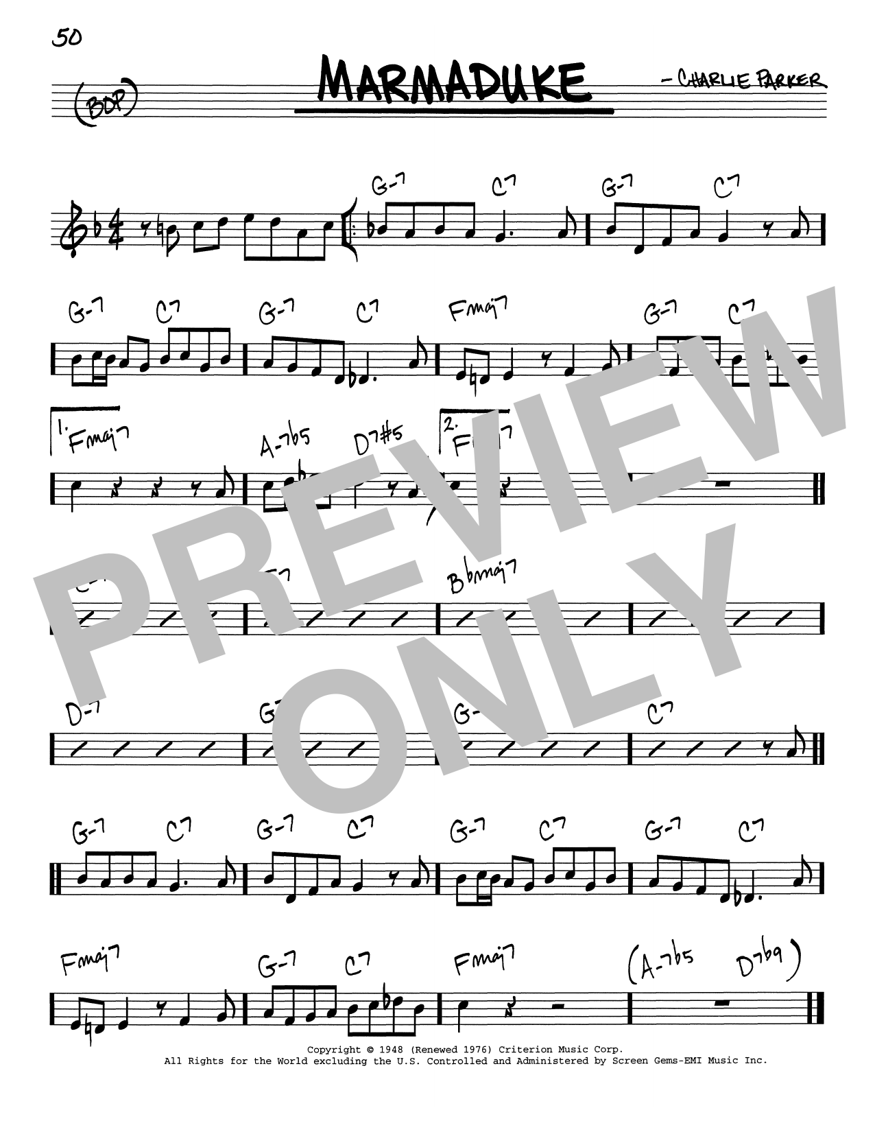 Charlie Parker Marmaduke Sheet Music Notes & Chords for Real Book – Melody & Chords – Eb Instruments - Download or Print PDF