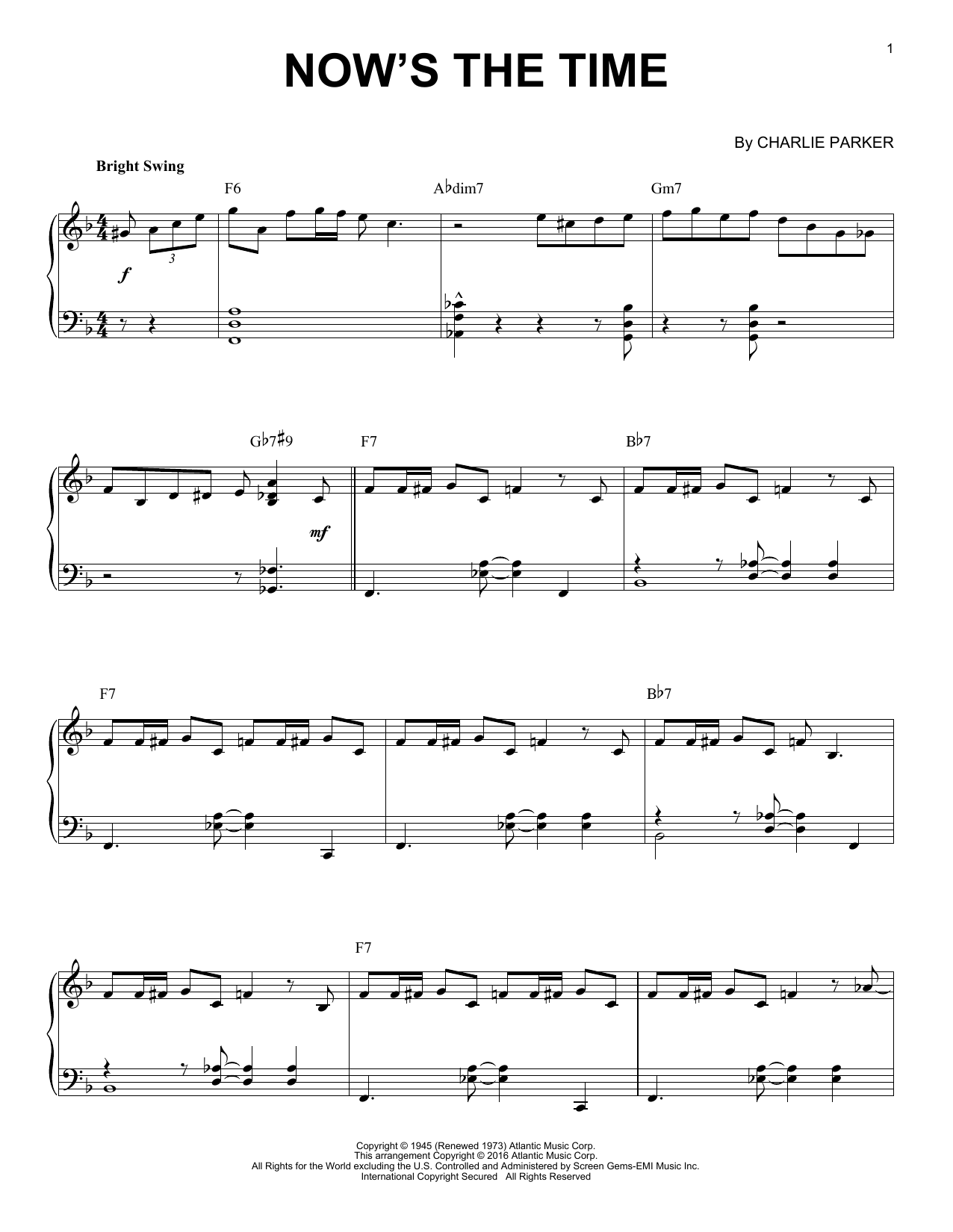 Charlie Parker Now's The Time (arr. Brent Edstrom) Sheet Music Notes & Chords for Piano - Download or Print PDF Charlie Parker Now's The Time (arr. Brent Edstrom) Sheet Music Notes & Chords for Piano - Download or Print PDF