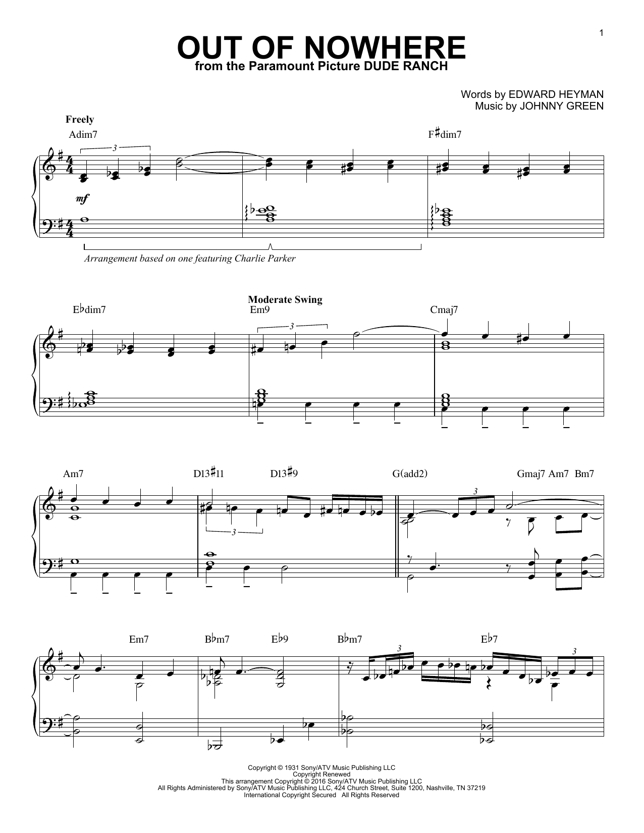 Charlie Parker Out Of Nowhere (arr. Brent Edstrom) Sheet Music Notes & Chords for Piano - Download or Print PDF