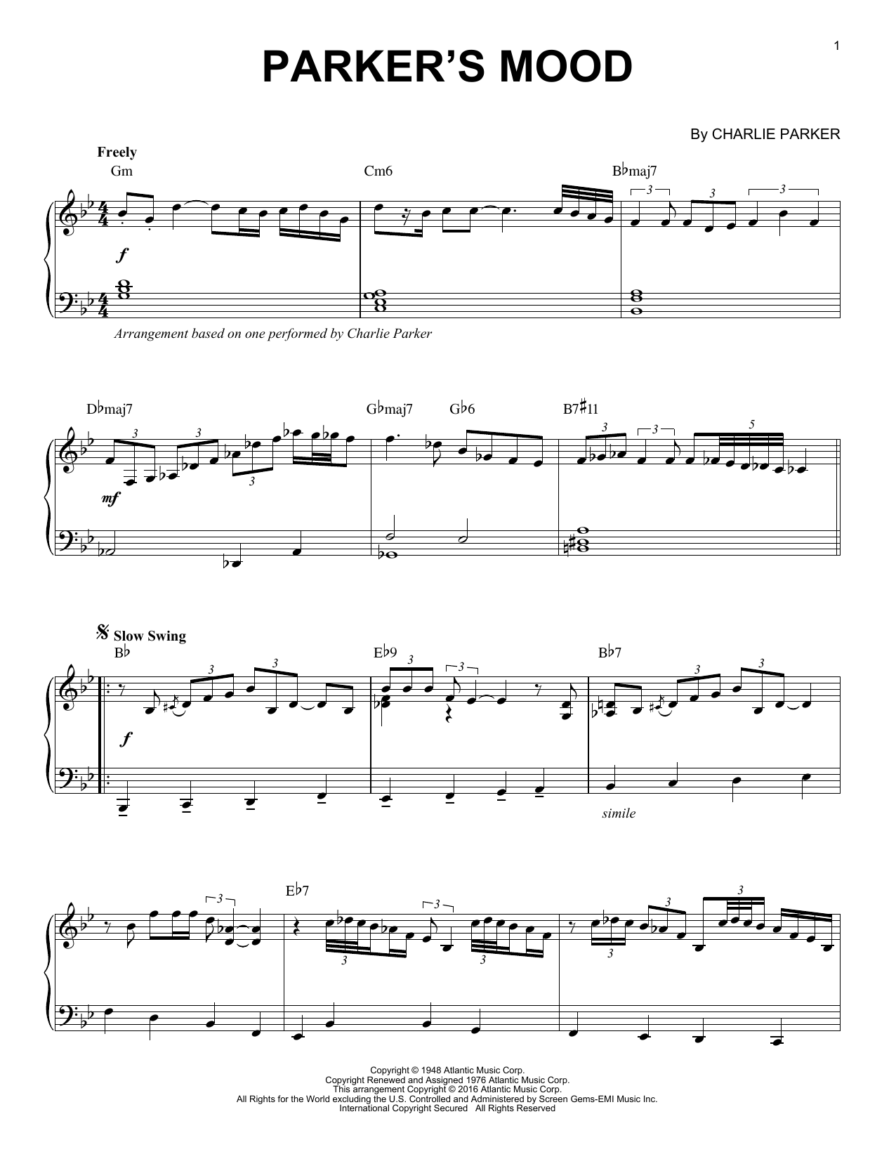 Charlie Parker Parker's Mood (arr. Brent Edstrom) Sheet Music Notes & Chords for Piano - Download or Print PDF