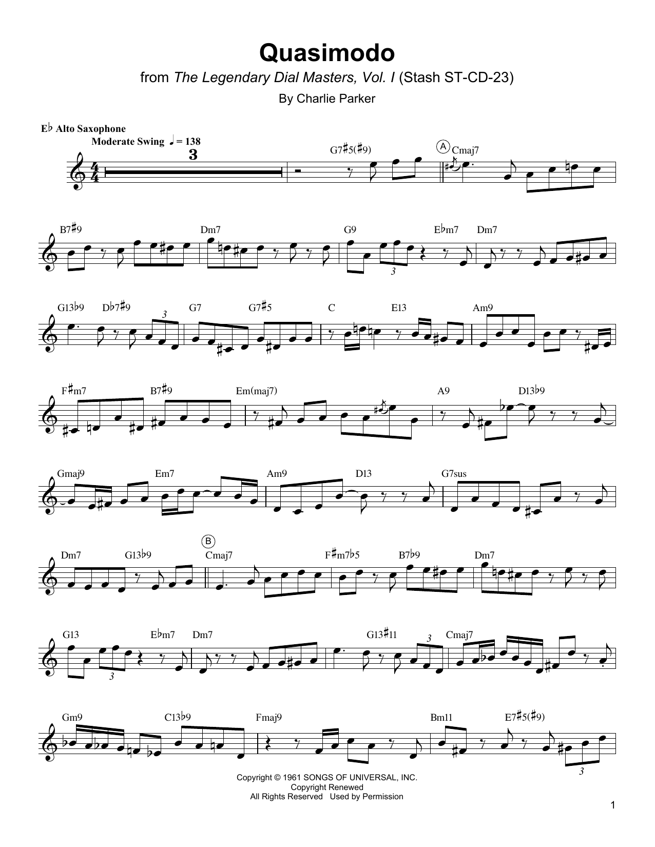 Charlie Parker Quasimodo Sheet Music Notes & Chords for Alto Sax Transcription - Download or Print PDF