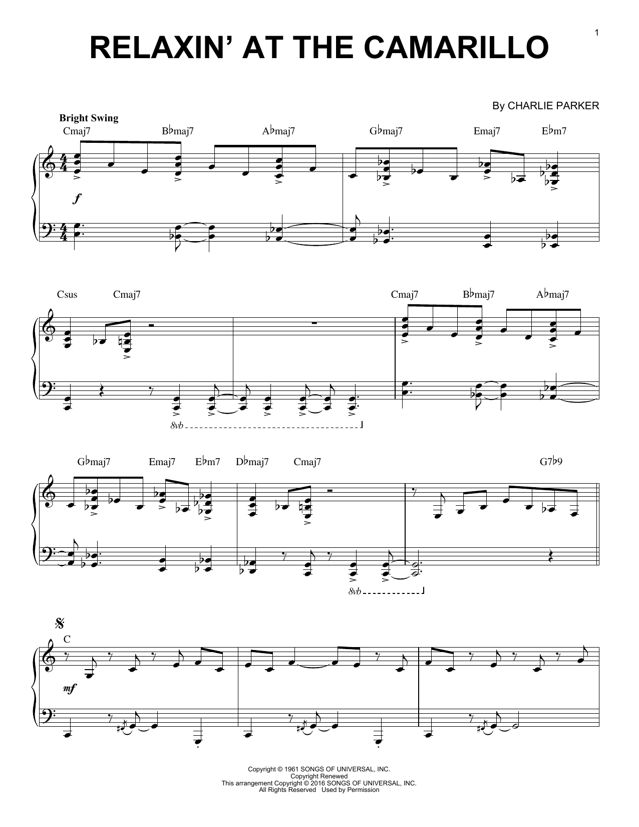 Charlie Parker Relaxin' At The Camarillo (arr. Brent Edstrom) Sheet Music Notes & Chords for Piano - Download or Print PDF