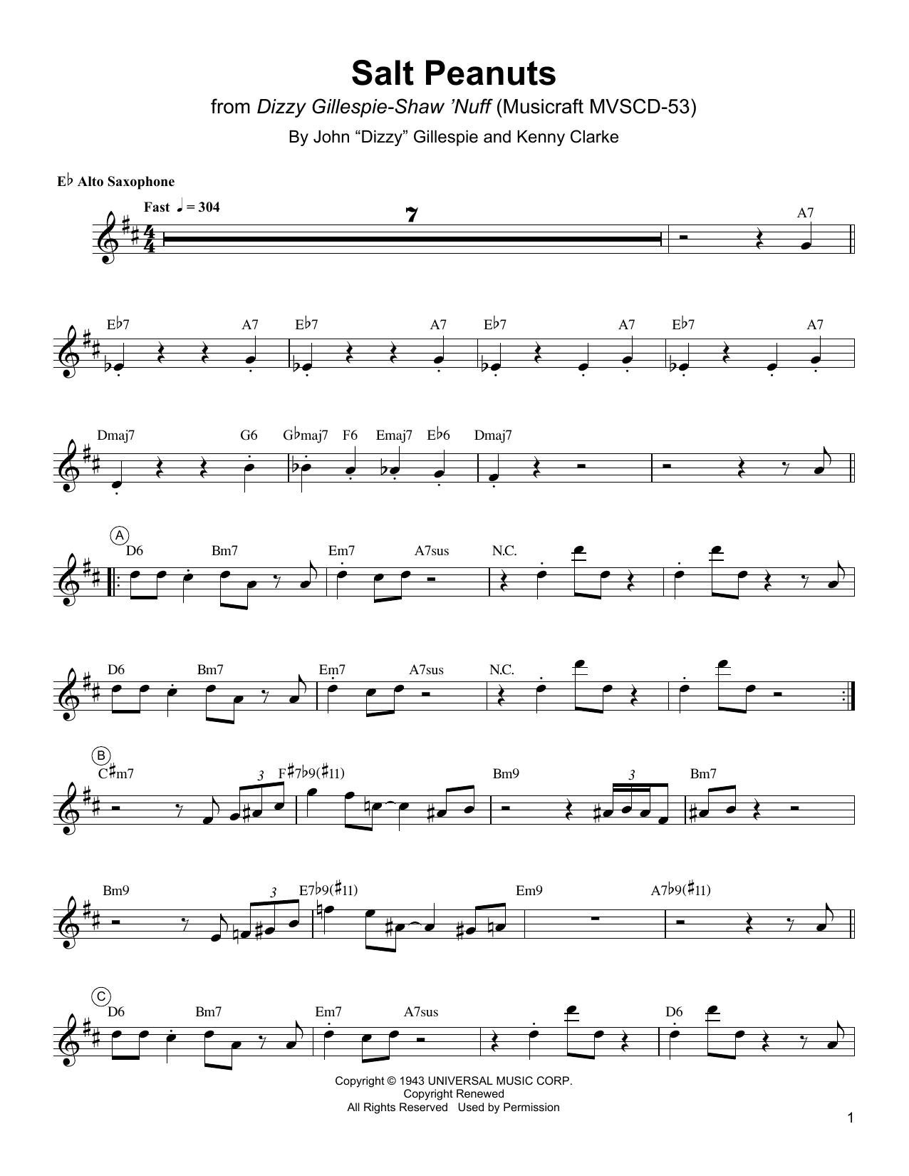 Charlie Parker Salt Peanuts Sheet Music Notes & Chords for Alto Sax Transcription - Download or Print PDF