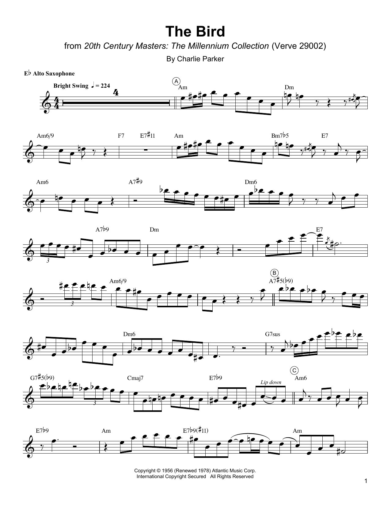 Charlie Parker The Bird Sheet Music Notes & Chords for Alto Sax Transcription - Download or Print PDF