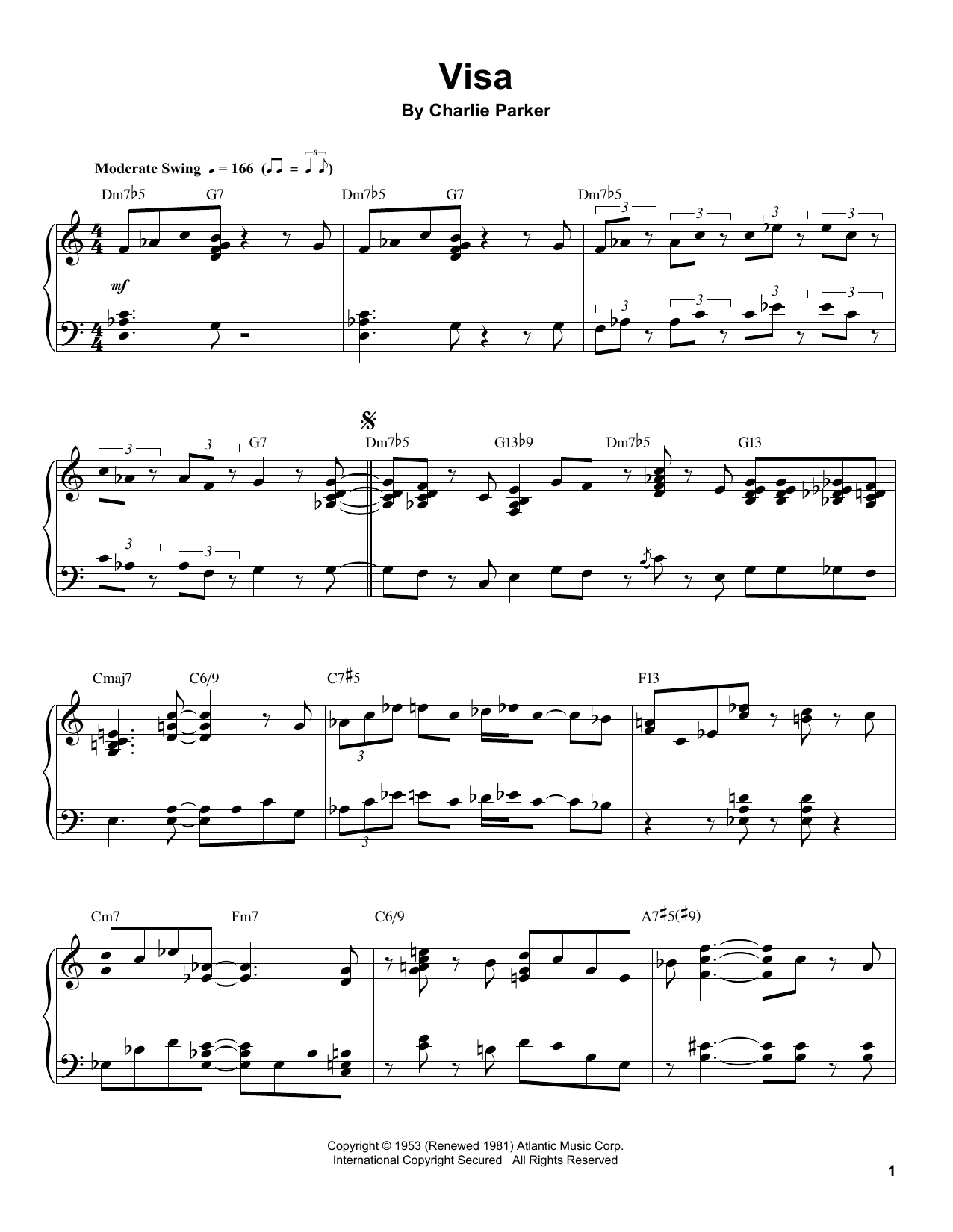 Charlie Parker Visa Sheet Music Notes & Chords for Piano Transcription - Download or Print PDF