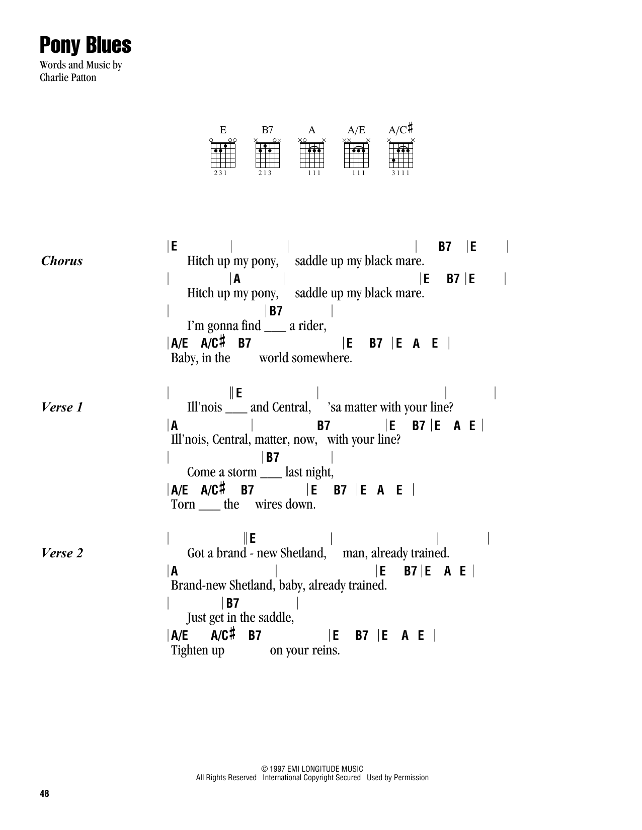 Charlie Patton Pony Blues Sheet Music Notes & Chords for Lyrics & Chords - Download or Print PDF