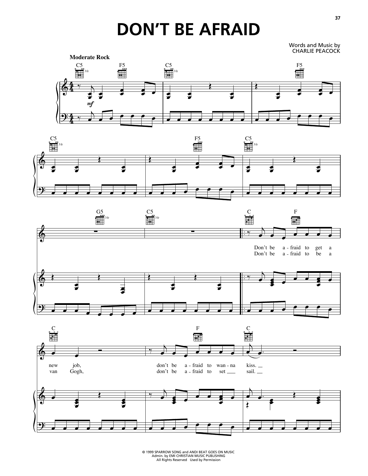 Charlie Peacock Don't Be Afraid Sheet Music Notes & Chords for Piano, Vocal & Guitar Chords (Right-Hand Melody) - Download or Print PDF