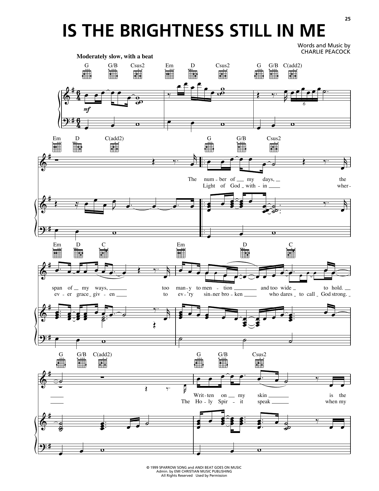 Charlie Peacock Is The Brightness Still In Me Sheet Music Notes & Chords for Piano, Vocal & Guitar Chords (Right-Hand Melody) - Download or Print PDF