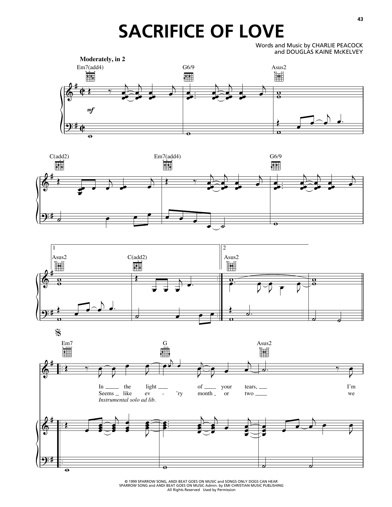 Charlie Peacock Sacrifice Of Love Sheet Music Notes & Chords for Piano, Vocal & Guitar Chords (Right-Hand Melody) - Download or Print PDF Charlie Peacock Sacrifice Of Love Sheet Music Notes & Chords for Piano, Vocal & Guitar Chords (Right-Hand Melody) - Download or Print PDF