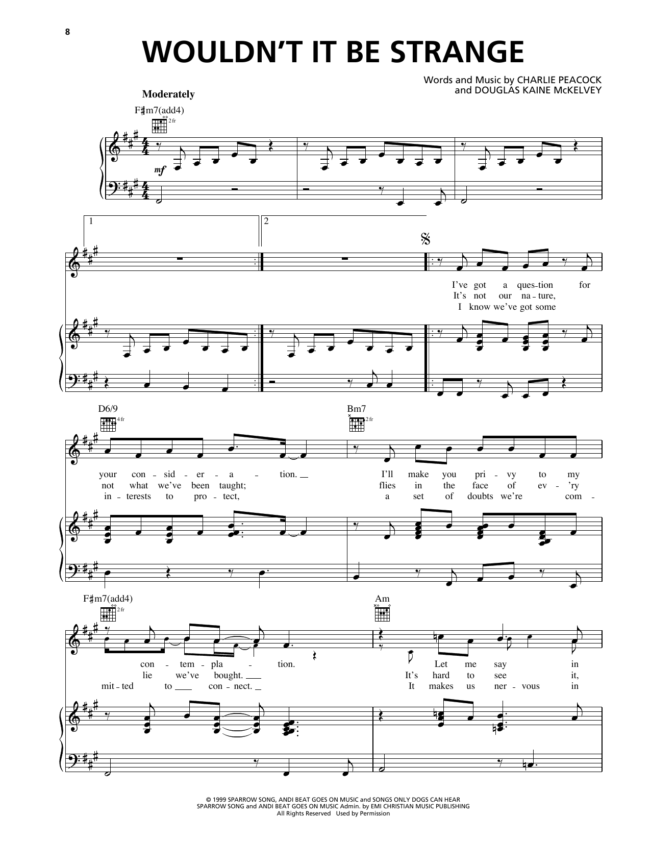 Charlie Peacock Wouldn't It Be Strange Sheet Music Notes & Chords for Piano, Vocal & Guitar Chords (Right-Hand Melody) - Download or Print PDF Charlie Peacock Wouldn't It Be Strange Sheet Music Notes & Chords for Piano, Vocal & Guitar Chords (Right-Hand Melody) - Download or Print PDF
