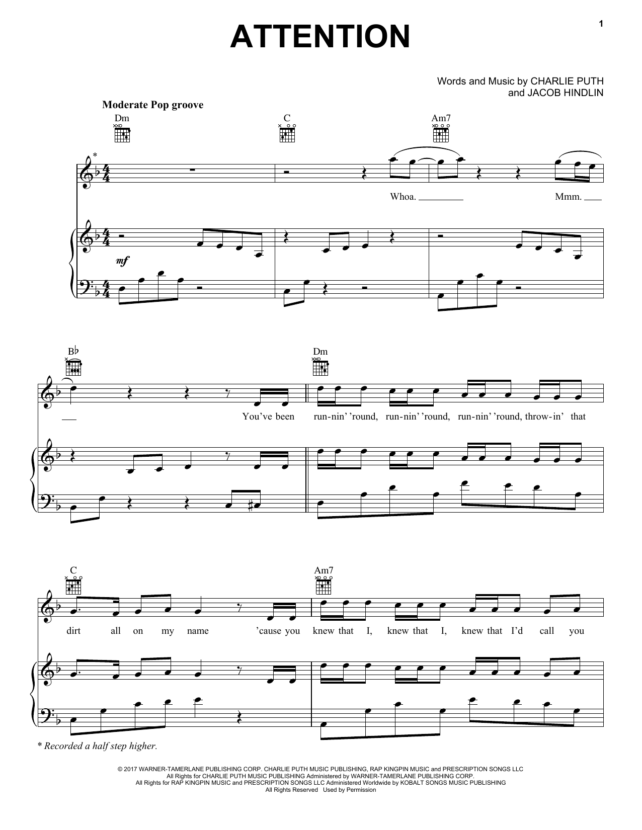 Charlie Puth Attention Sheet Music Notes & Chords for Piano, Vocal & Guitar (Right-Hand Melody) - Download or Print PDF