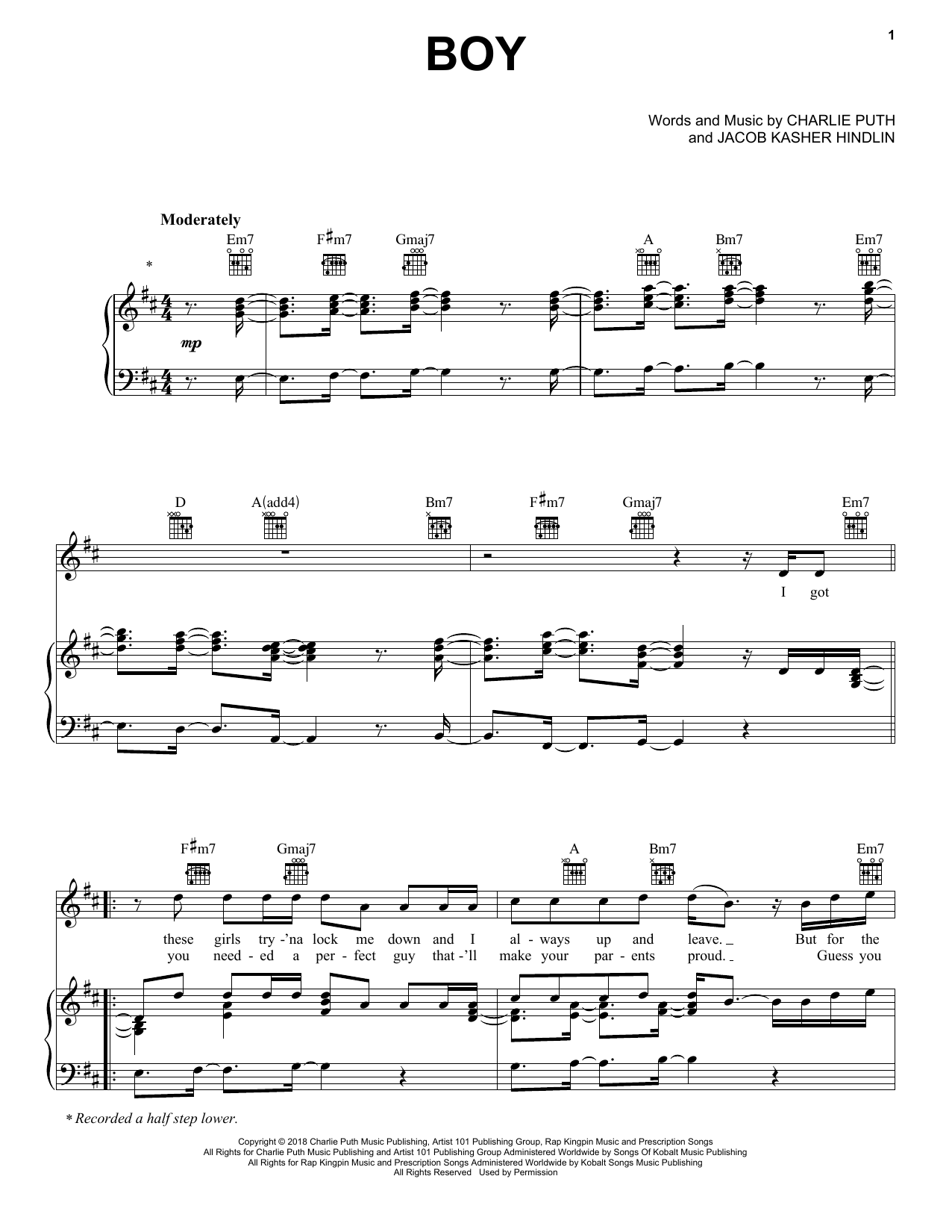 Charlie Puth Boy Sheet Music Notes & Chords for Piano, Vocal & Guitar (Right-Hand Melody) - Download or Print PDF