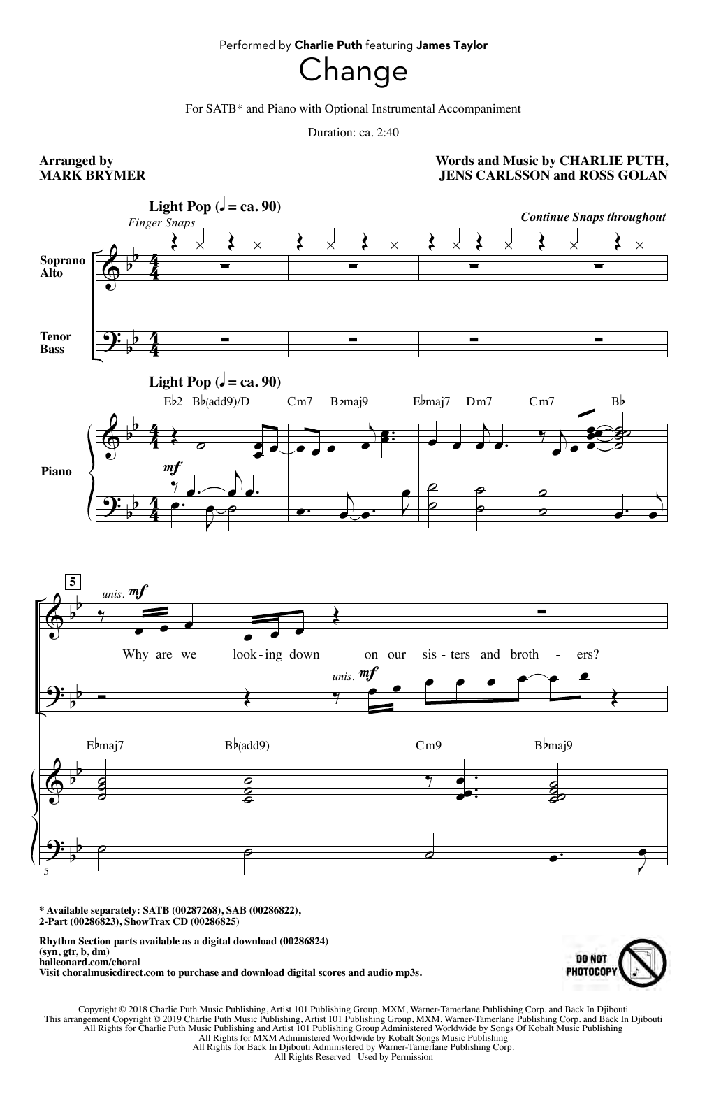 Charlie Puth Change (feat. James Taylor) (arr. Mark Brymer) Sheet Music Notes & Chords for 2-Part Choir - Download or Print PDF