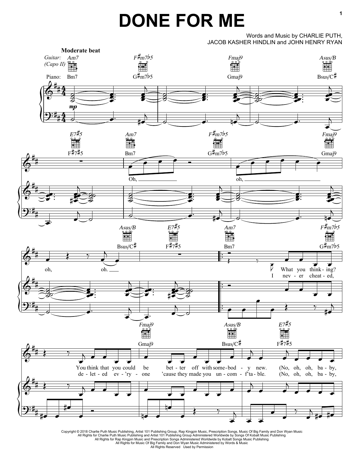 Charlie Puth Done For Me (feat. Kehlani) Sheet Music Notes & Chords for Piano, Vocal & Guitar (Right-Hand Melody) - Download or Print PDF