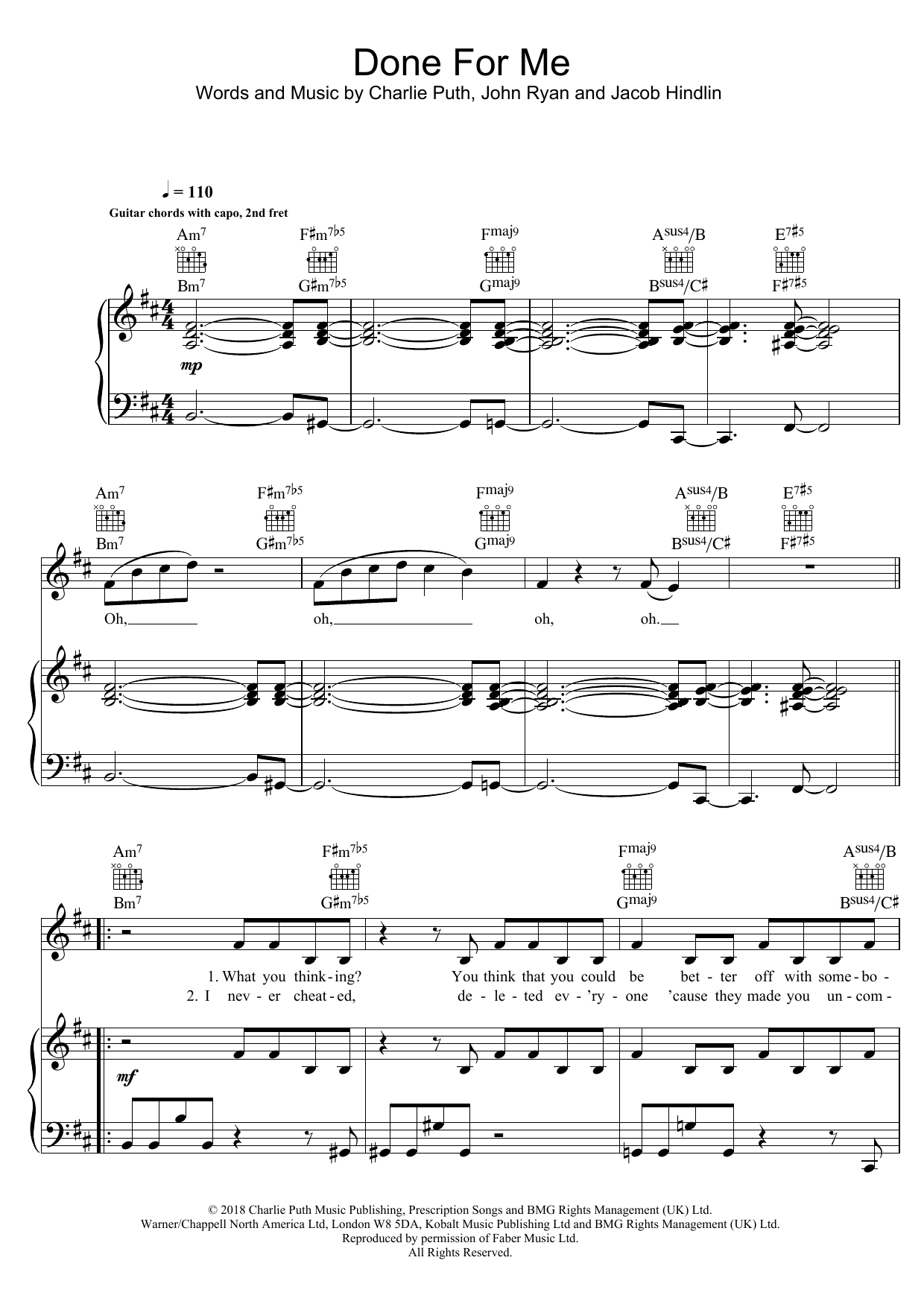 Charlie Puth Done For Me (featuring Kehlani) Sheet Music Notes & Chords for Piano, Vocal & Guitar (Right-Hand Melody) - Download or Print PDF