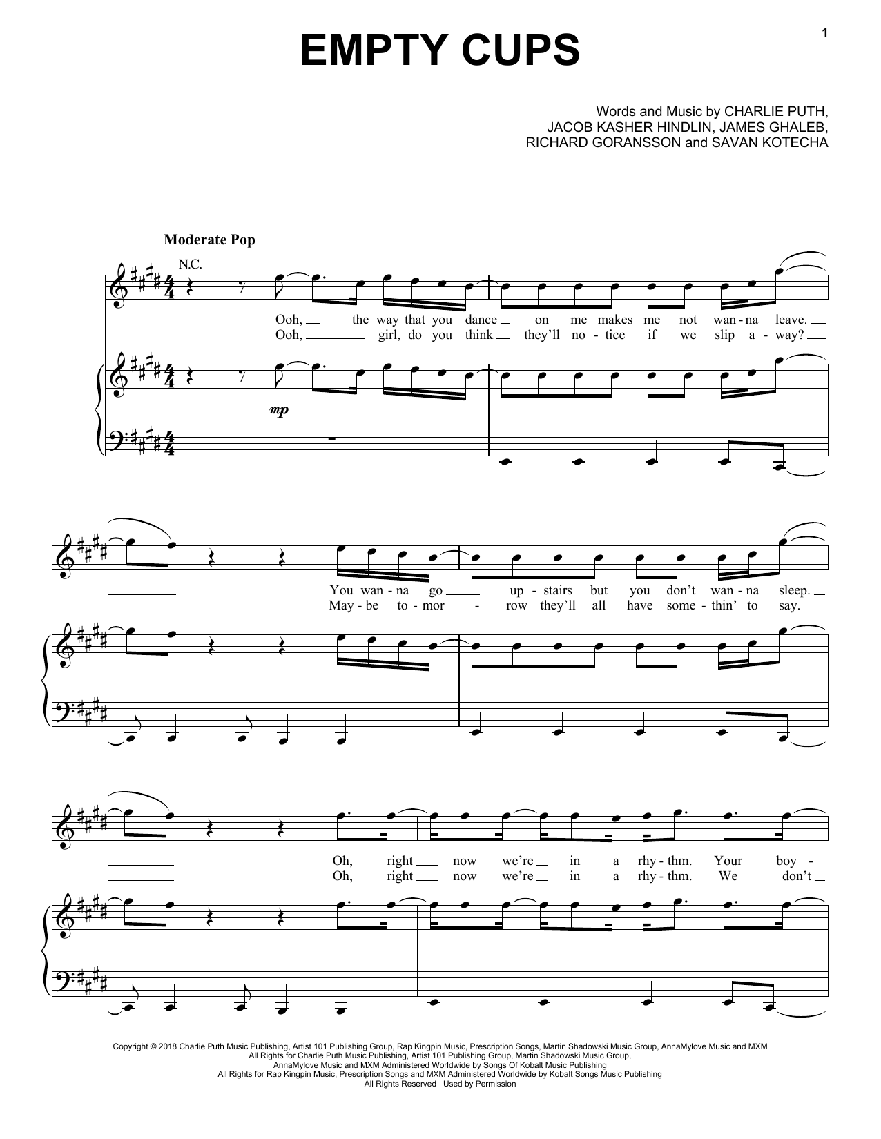Charlie Puth Empty Cups Sheet Music Notes & Chords for Piano, Vocal & Guitar (Right-Hand Melody) - Download or Print PDF