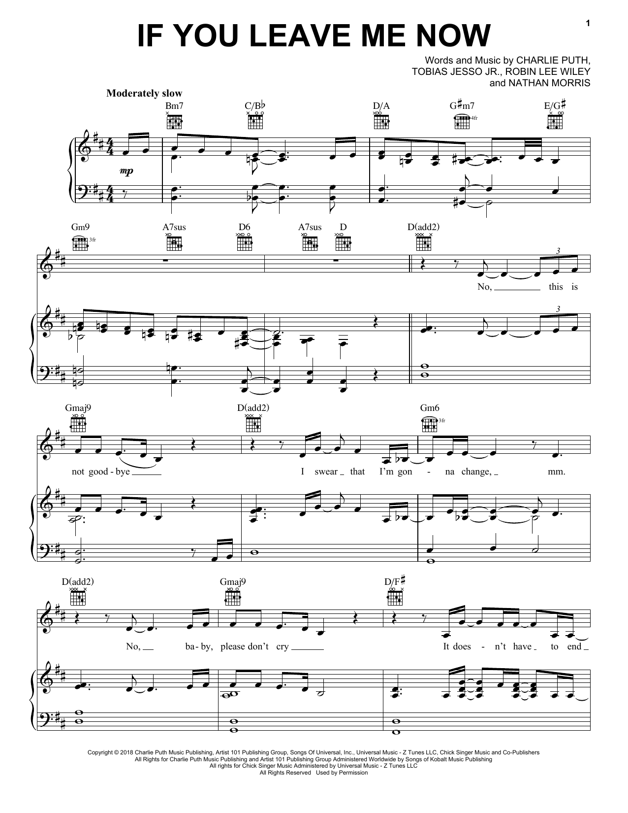 Charlie Puth feat. Boyz II Men If You Leave Me Now Sheet Music Notes & Chords for Piano, Vocal & Guitar (Right-Hand Melody) - Download or Print PDF