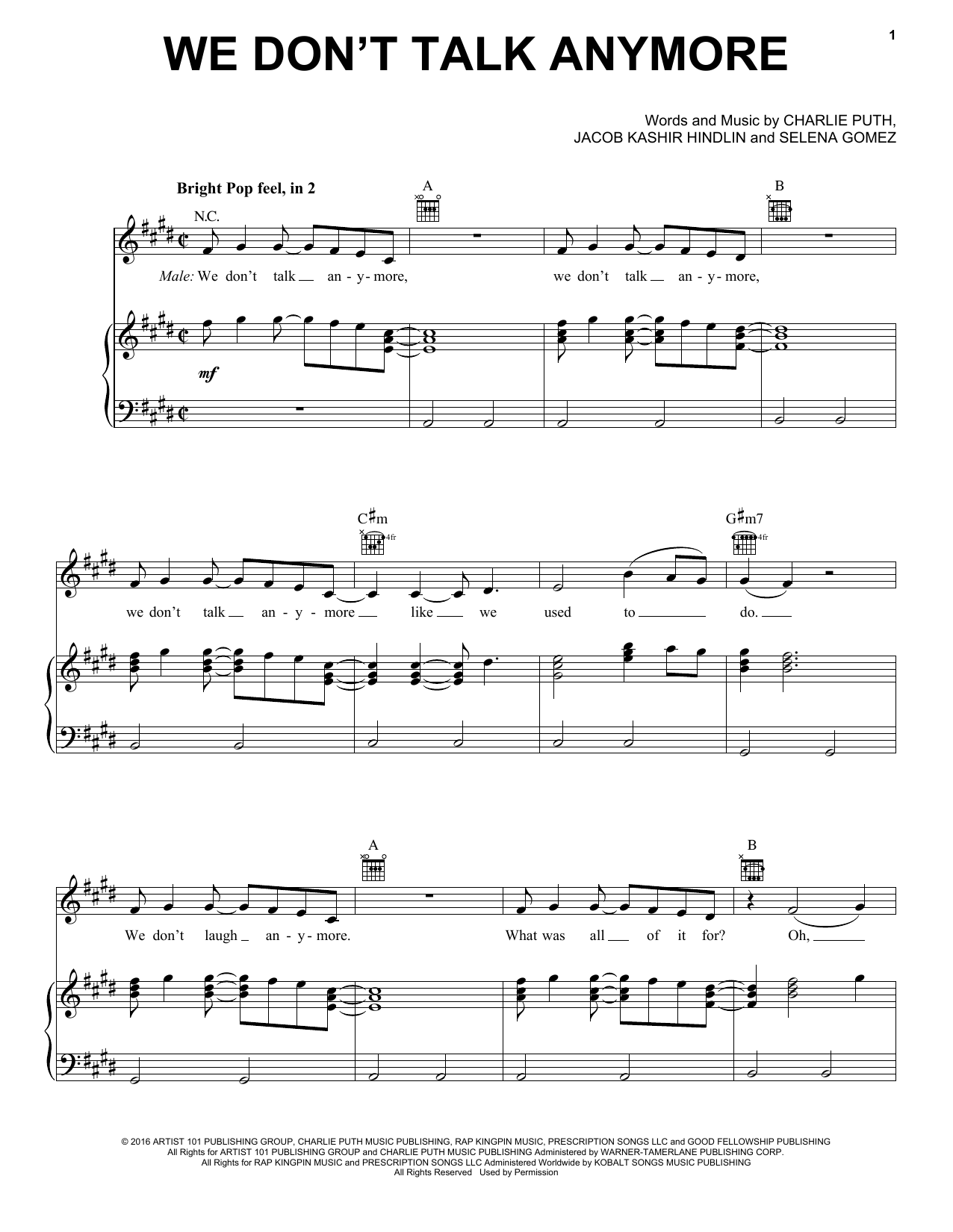 Charlie Puth We Don't Talk Anymore (feat. Selena Gomez) Sheet Music Notes & Chords for Easy Piano - Download or Print PDF