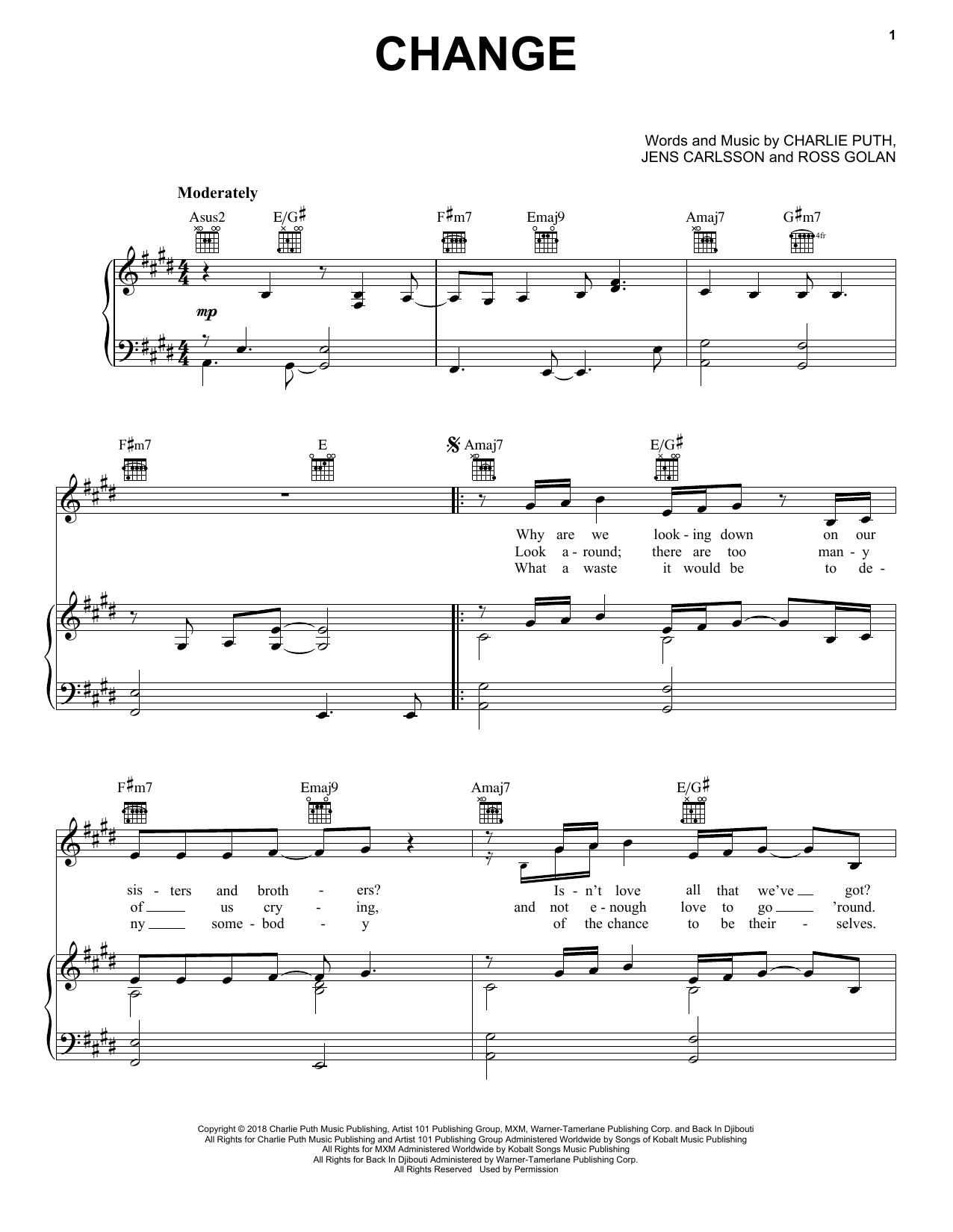 Charlie Puth featuring James Taylor Change Sheet Music Notes & Chords for Piano, Vocal & Guitar (Right-Hand Melody) - Download or Print PDF