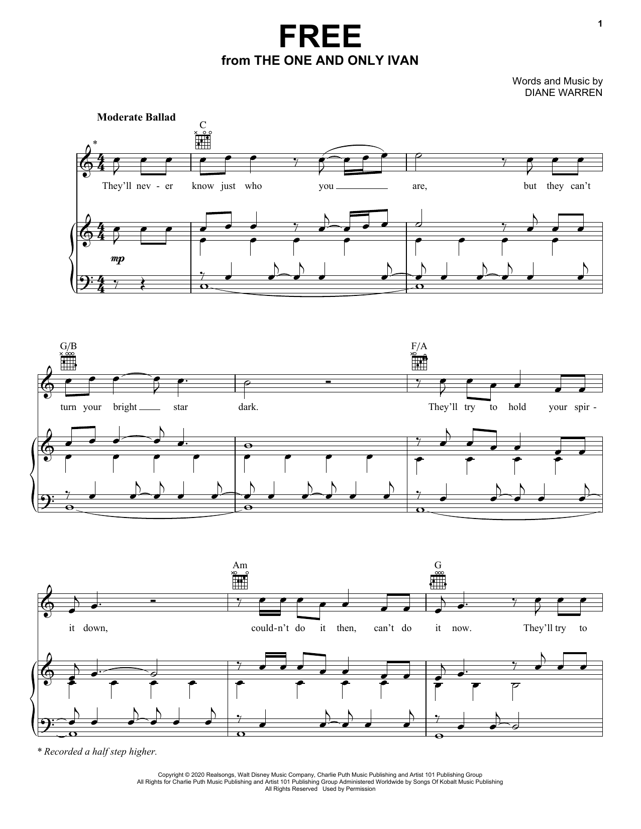 Charlie Puth Free (from Disney's The One And Only Ivan) Sheet Music Notes & Chords for Piano, Vocal & Guitar (Right-Hand Melody) - Download or Print PDF