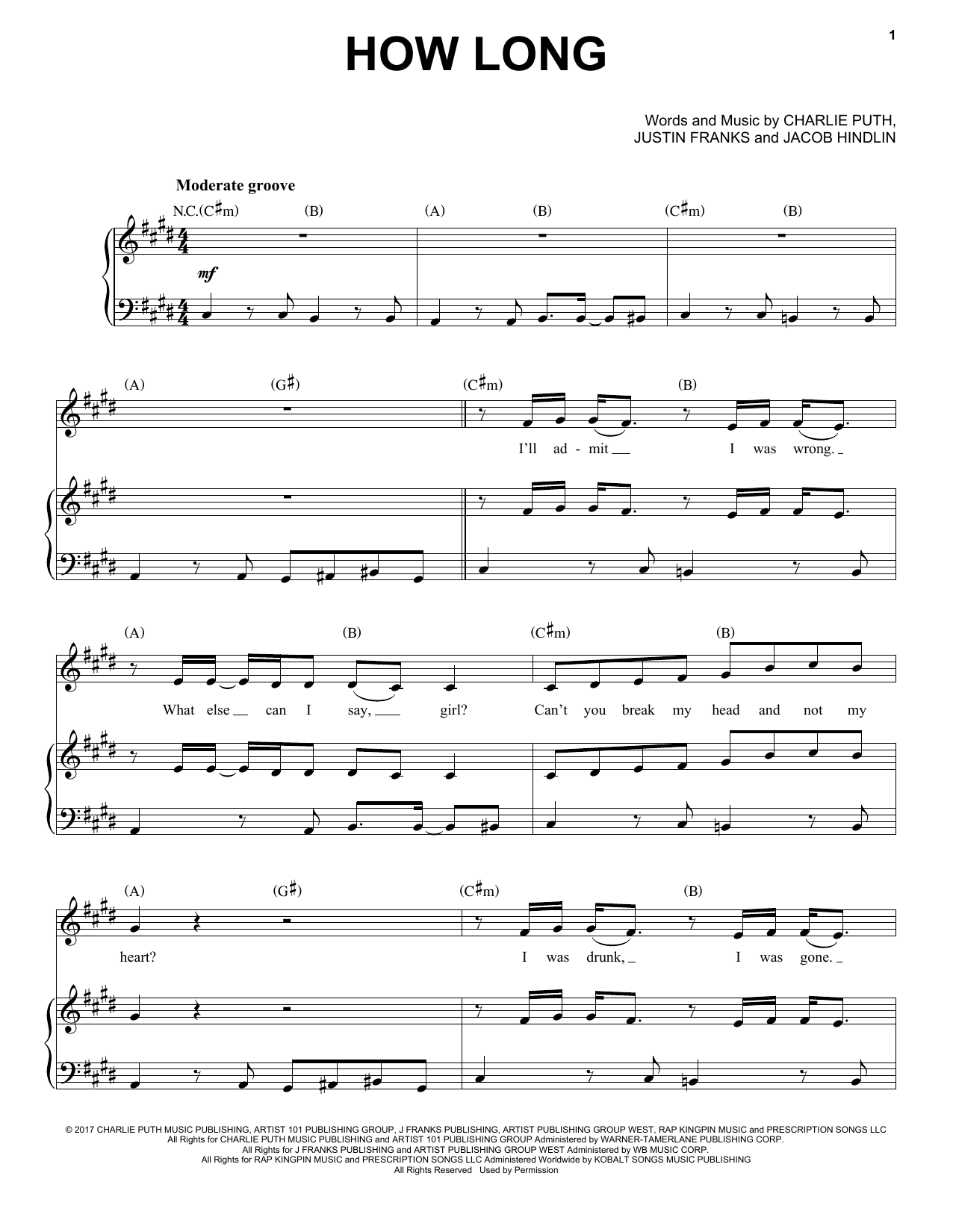 Charlie Puth How Long Sheet Music Notes & Chords for Piano, Vocal & Guitar (Right-Hand Melody) - Download or Print PDF