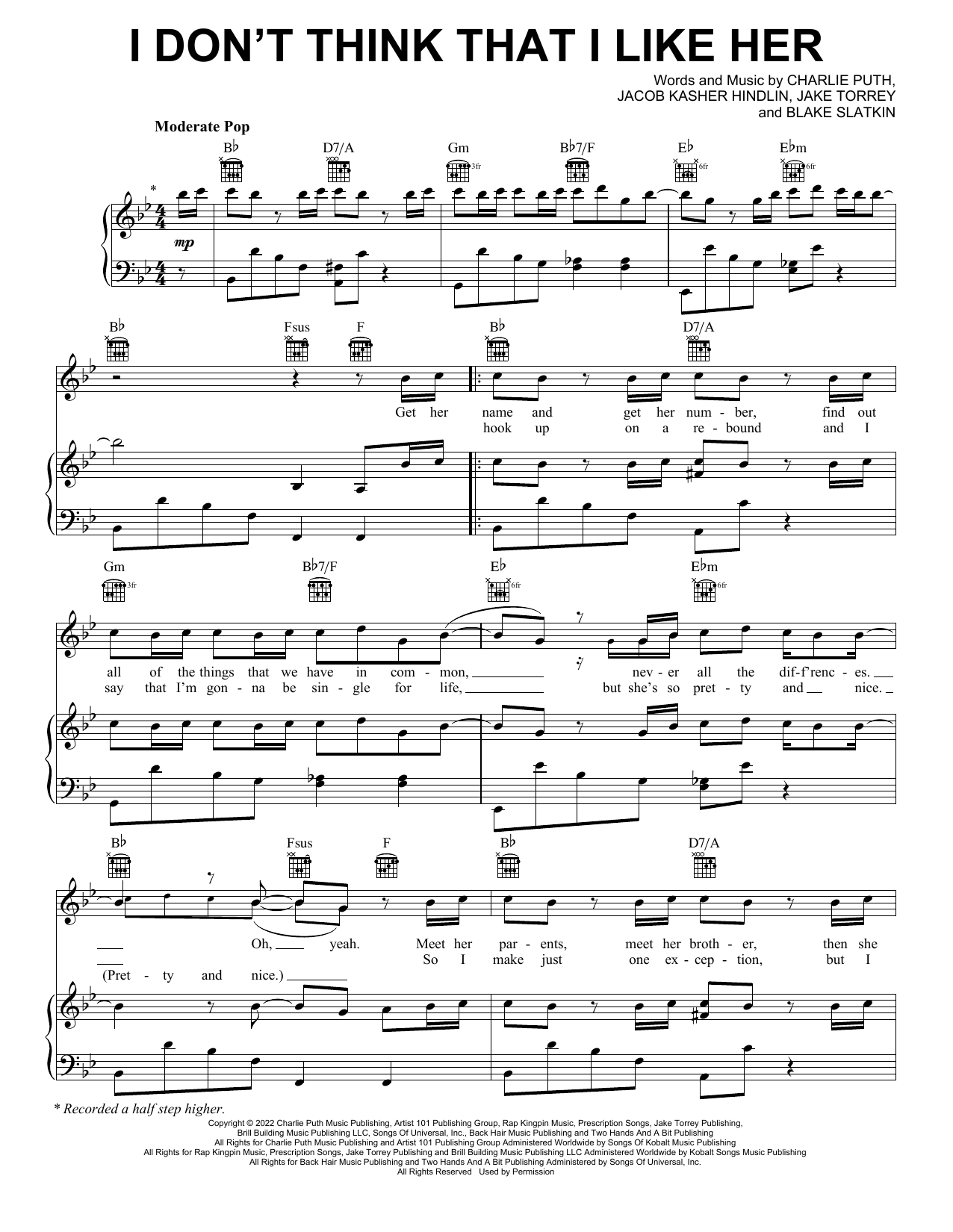 Charlie Puth I Don't Think That I Like Her Sheet Music Notes & Chords for Piano, Vocal & Guitar Chords (Right-Hand Melody) - Download or Print PDF