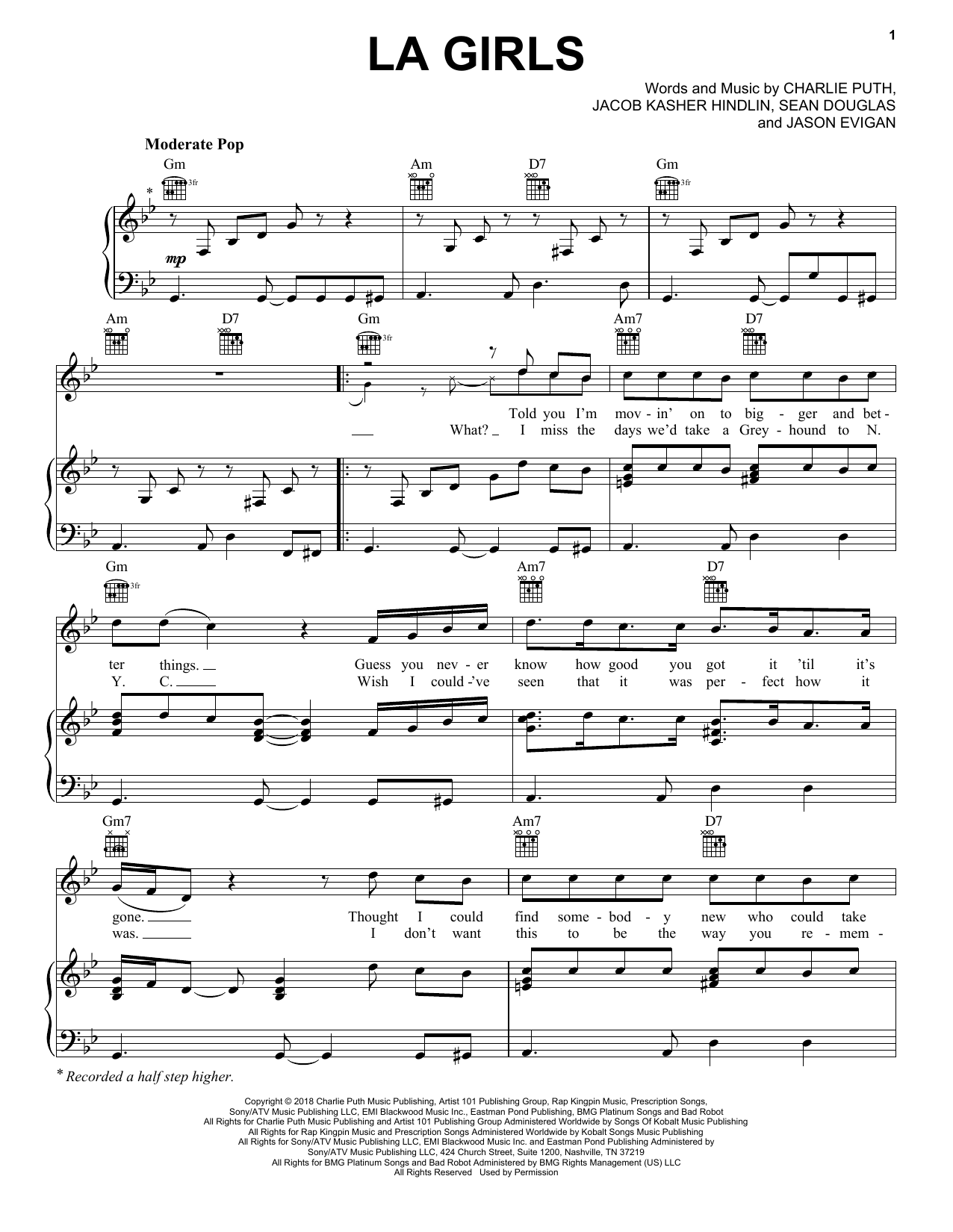 Charlie Puth LA Girls Sheet Music Notes & Chords for Piano, Vocal & Guitar (Right-Hand Melody) - Download or Print PDF